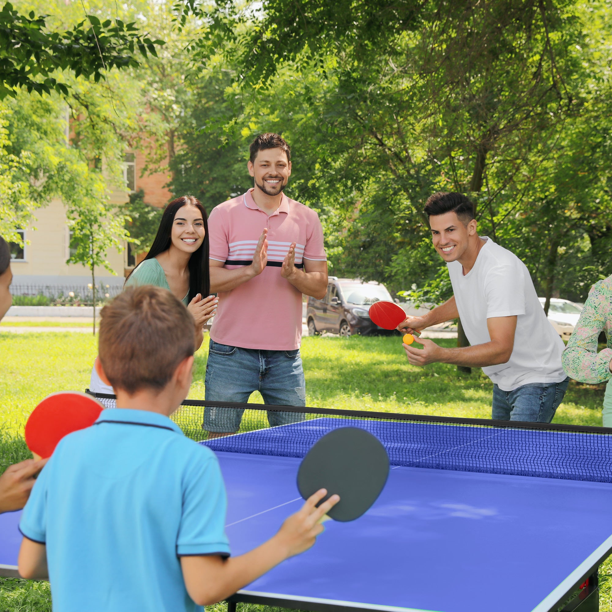 SPORTNOW 9FT Foldable Table Tennis Table, with Cover, Net, Paddles, Balls - Blue - North Peak Garden Furniture