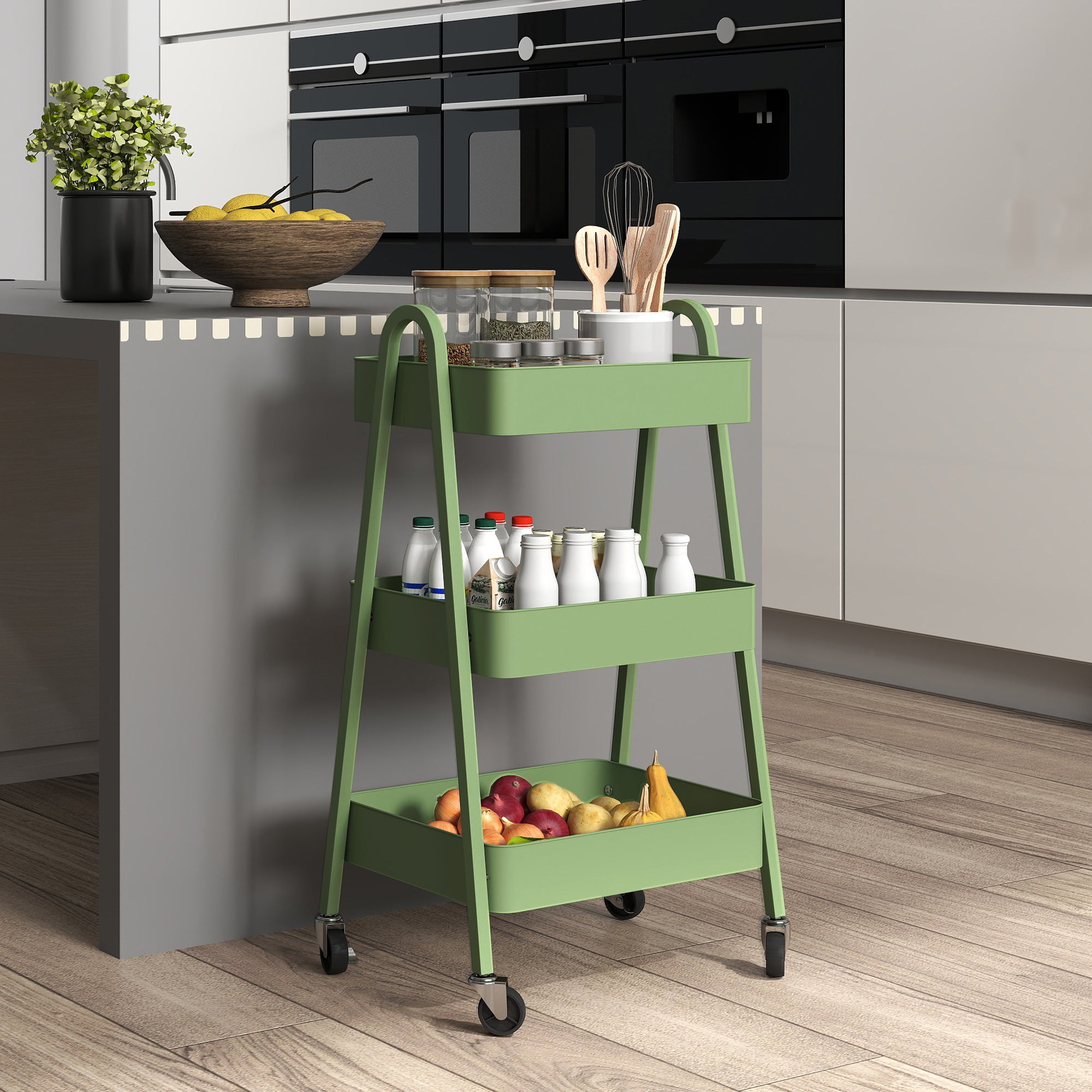 HOMCOM Three-Tier Storage Trolley - Green - North Peak Garden Furniture