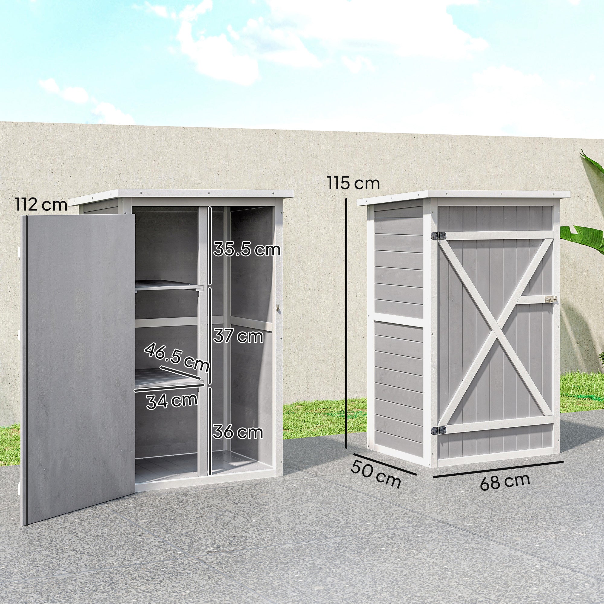 Outsunny Garden Shed Wooden Garden Storage Shed Fir Wood Tool Cabinet Organiser with Shelves 75L x 56W x115Hcm Grey