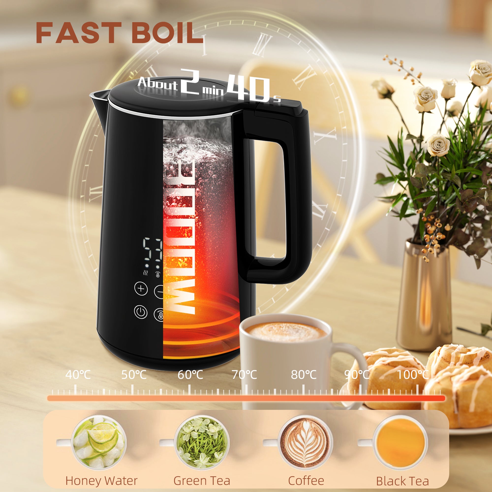 HOMCOM Kettle and Toaster Set, 1.5L 3000W Fast Boil Kettle with Insulation & 2 Slice Toaster Kitchen Set with 7 Level Browning Controls, Defrost, Reheat and Crumb Tray, Black - North Peak Garden Furniture