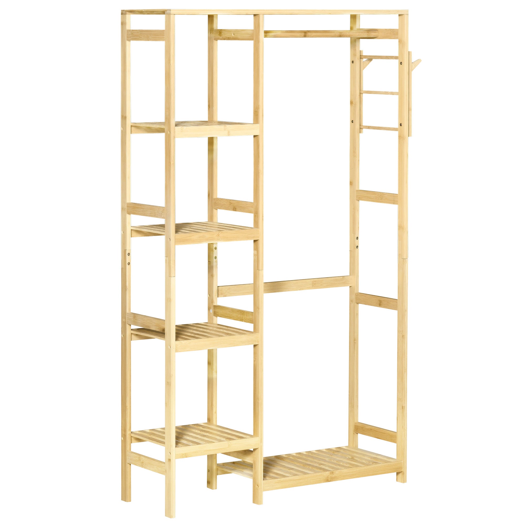 HOMCOM Bamboo Garment Rack, Clothes Rack with Storage Shelf, Hanging Rail and Side Hooks for Entryway, Bedroom, Bathroom and Office, Natural - North Peak Garden Furniture