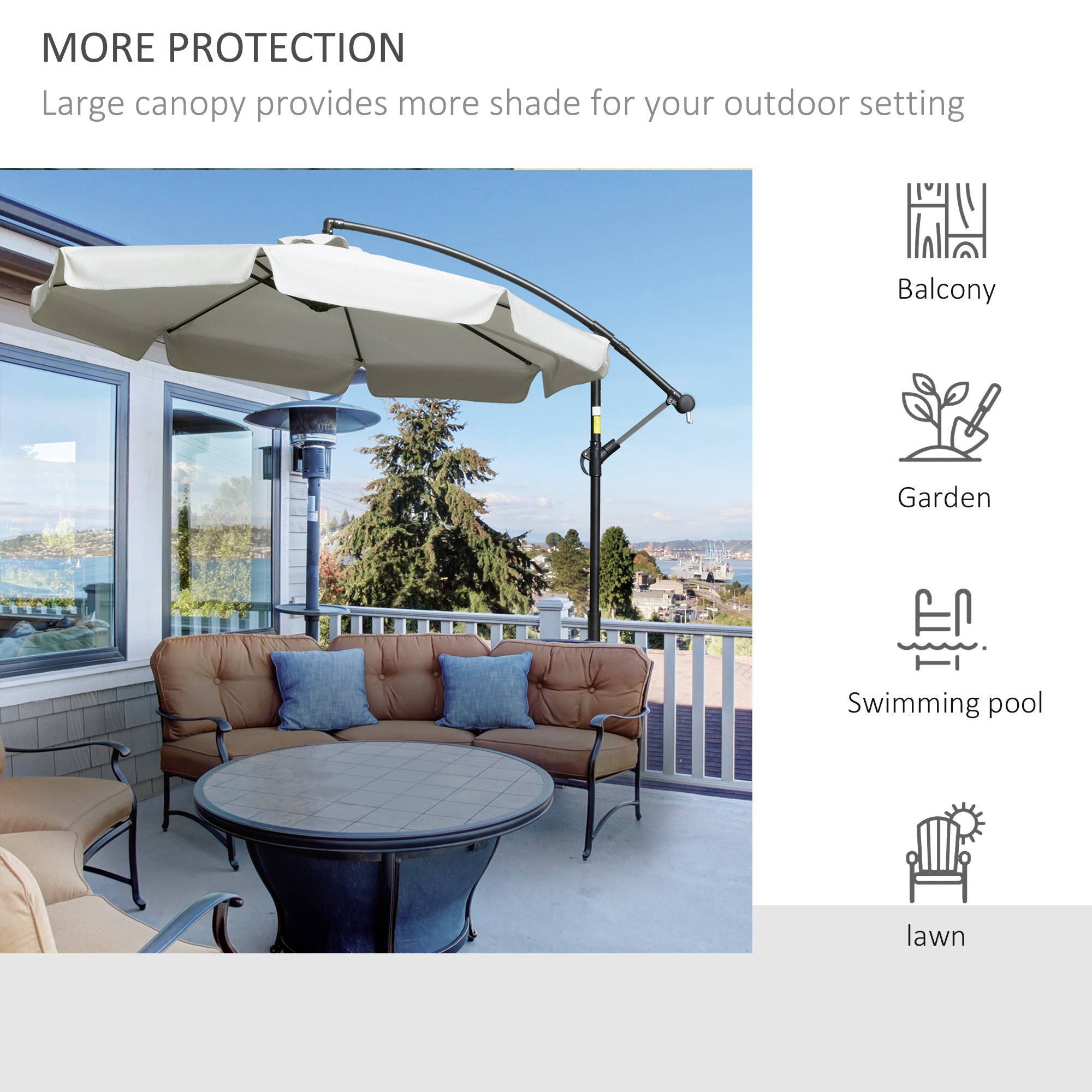 Outsunny 2.7m Garden Banana Parasol Cantilever Umbrella with Crank Handle and Cross Base for Outdoor, Hanging Sun Shade, Cream White - North Peak Garden Furniture