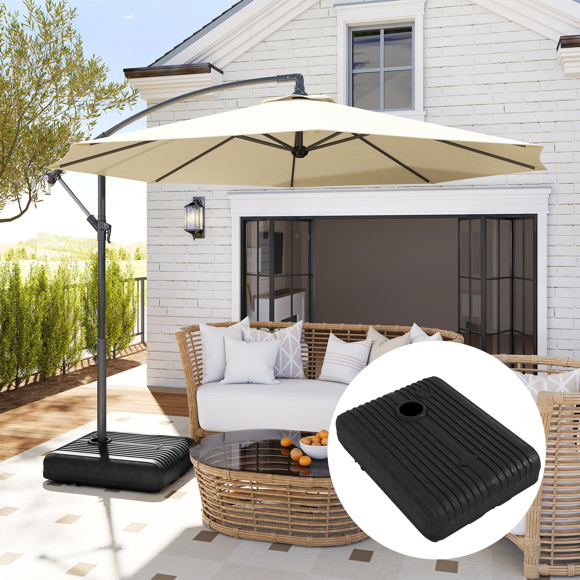 Outsunny Heavy Duty Parasol Base Plastic Umbrella Stand for Cantilever Banana Parasol with Wheels, Water and Sand Filled - North Peak Garden Furniture