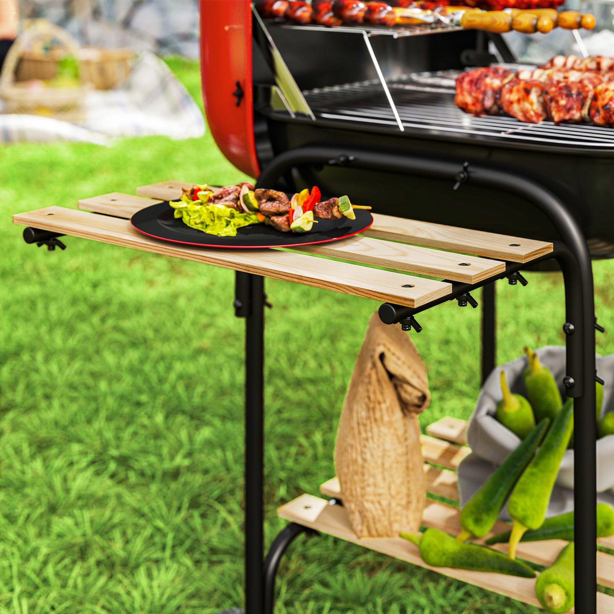 Outsunny Charcoal Barbecue Grill Portable BBQ Grill with 1840 cm² Cooking Area, 3 Shelves, Adjustable Vent, Lockable Lid, Wheels for Outdoor Cooking, Garden Party, Red - North Peak Garden Furniture