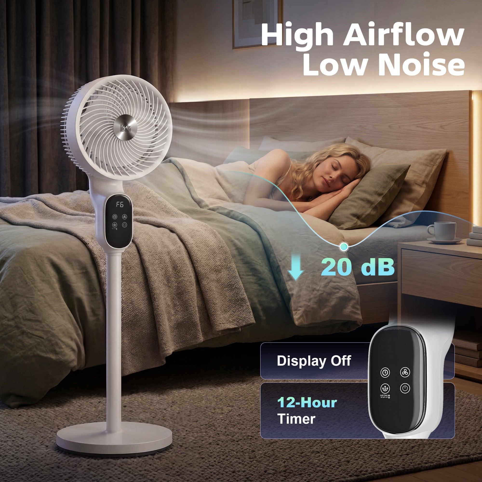 HOMCOM 20 dB Silent Standing Fan for Bedroom, 39in Pedestal Fan with Remote, Oscillating, 8 Speeds, Adjustable Height, White