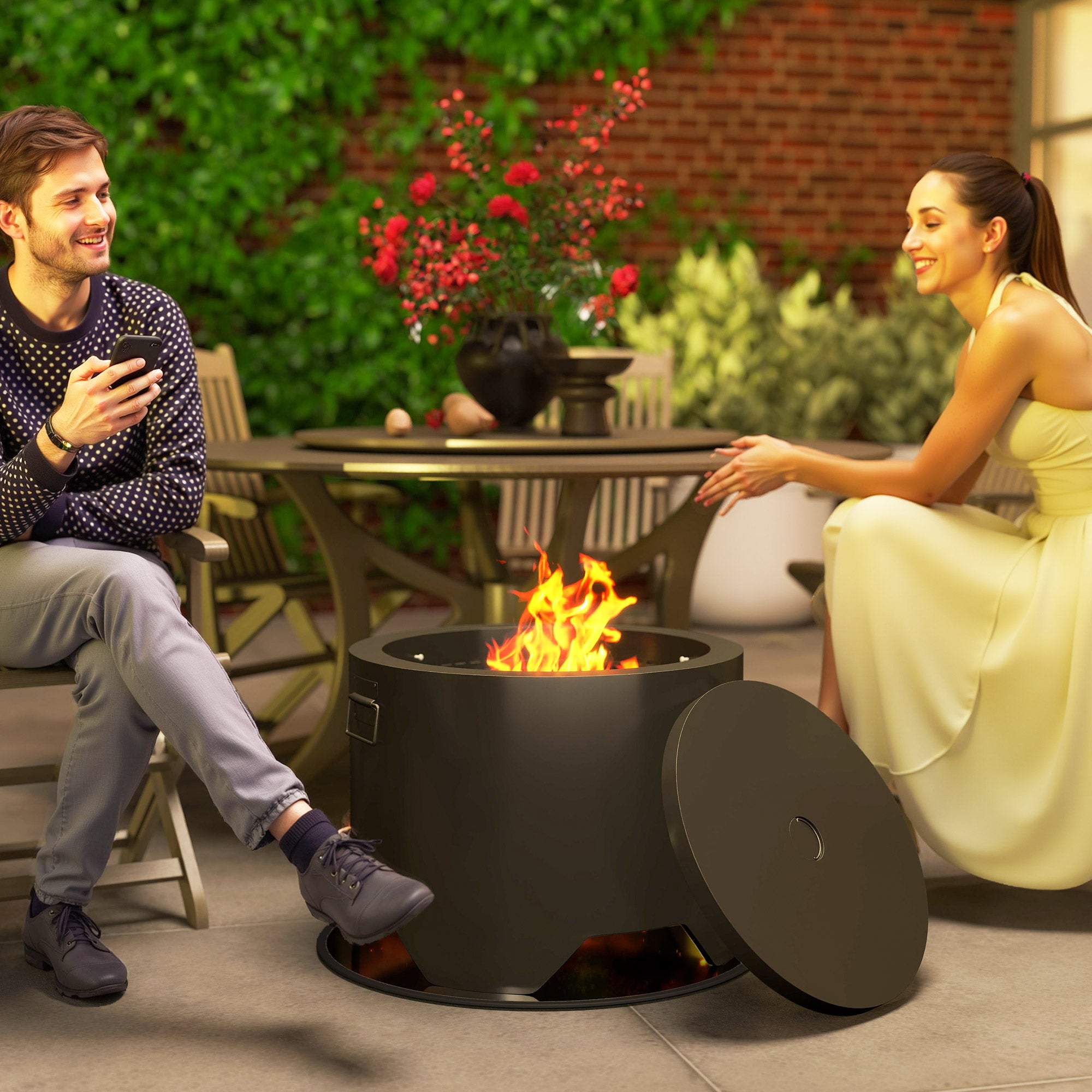Outsunny Outdoor Round Fire Pit with Lid and Fire Poker - Black - North Peak Garden Furniture