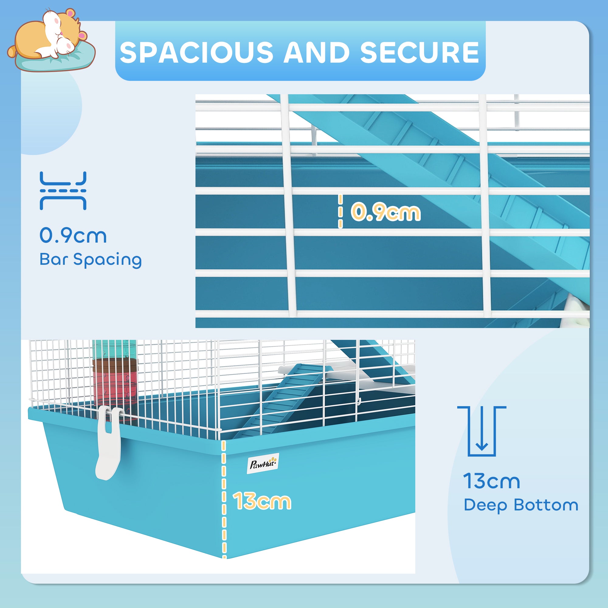 PawHut 4 Tier Hamster Cage w/ Tubes, Exercise Wheel, Hut, Water Bottle, Food Dish, Ramps, for Drawf, 58 x 36 x 65cm, Light Blue - North Peak Garden Furniture