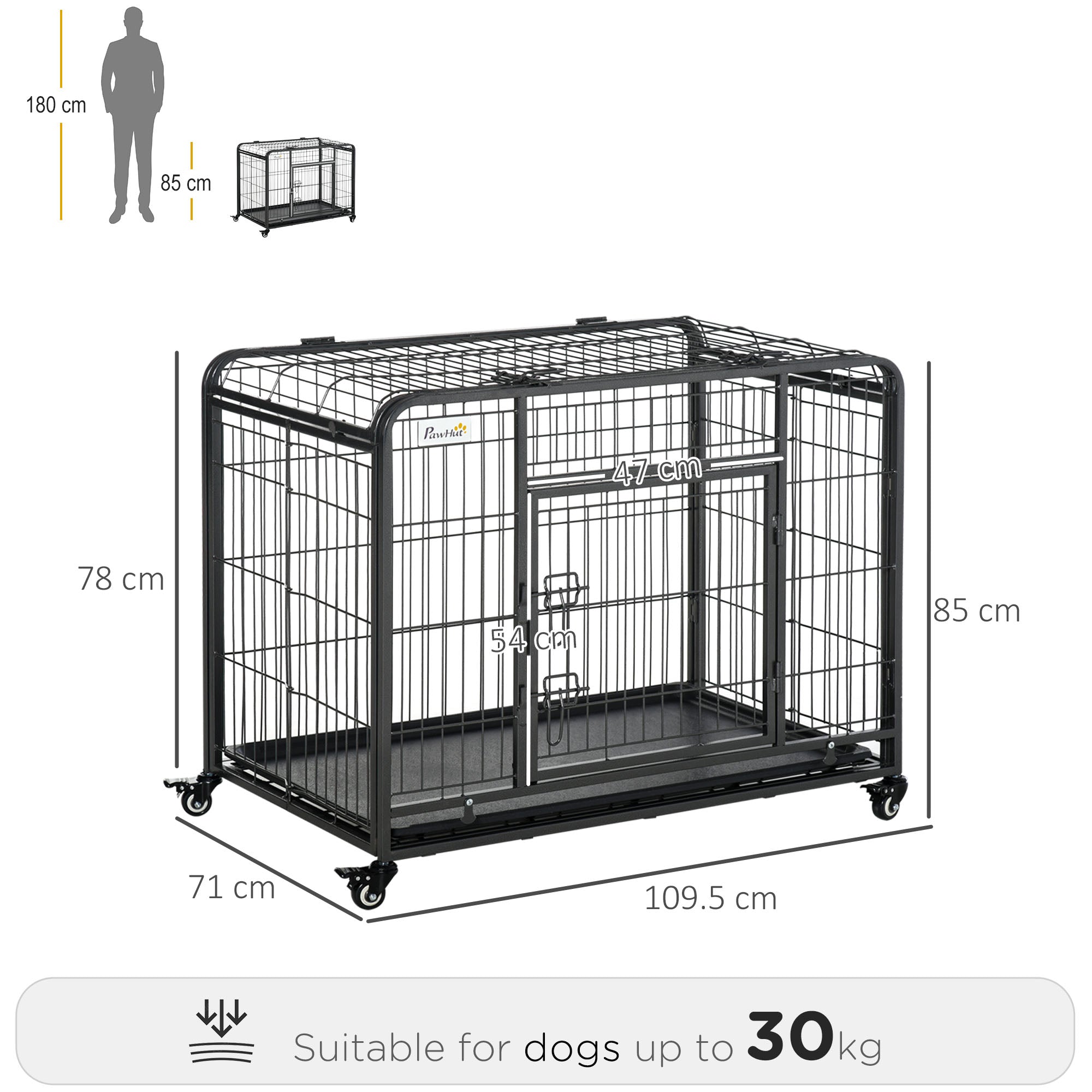PawHut Metal Dog Cage Kennel Locking Door & Wheels Removable Tray Openable Top For Large Pets 109.5 x 71 x 78 cm - North Peak Garden Furniture