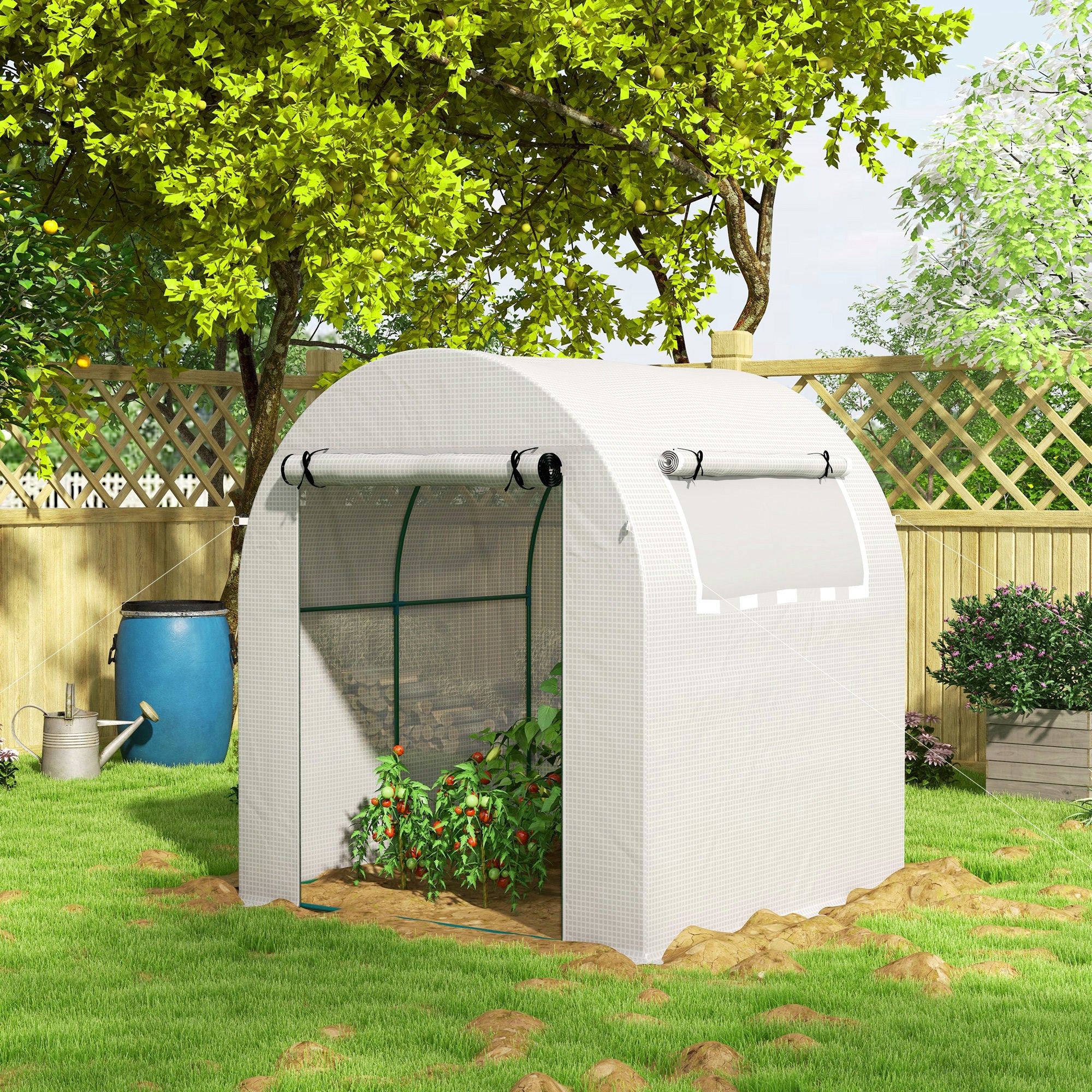 Outsunny Walk in Polytunnel Greenhouse, Green House for Garden with Roll-up Window and Door, 1.8 x 1.8 x 2 m, White