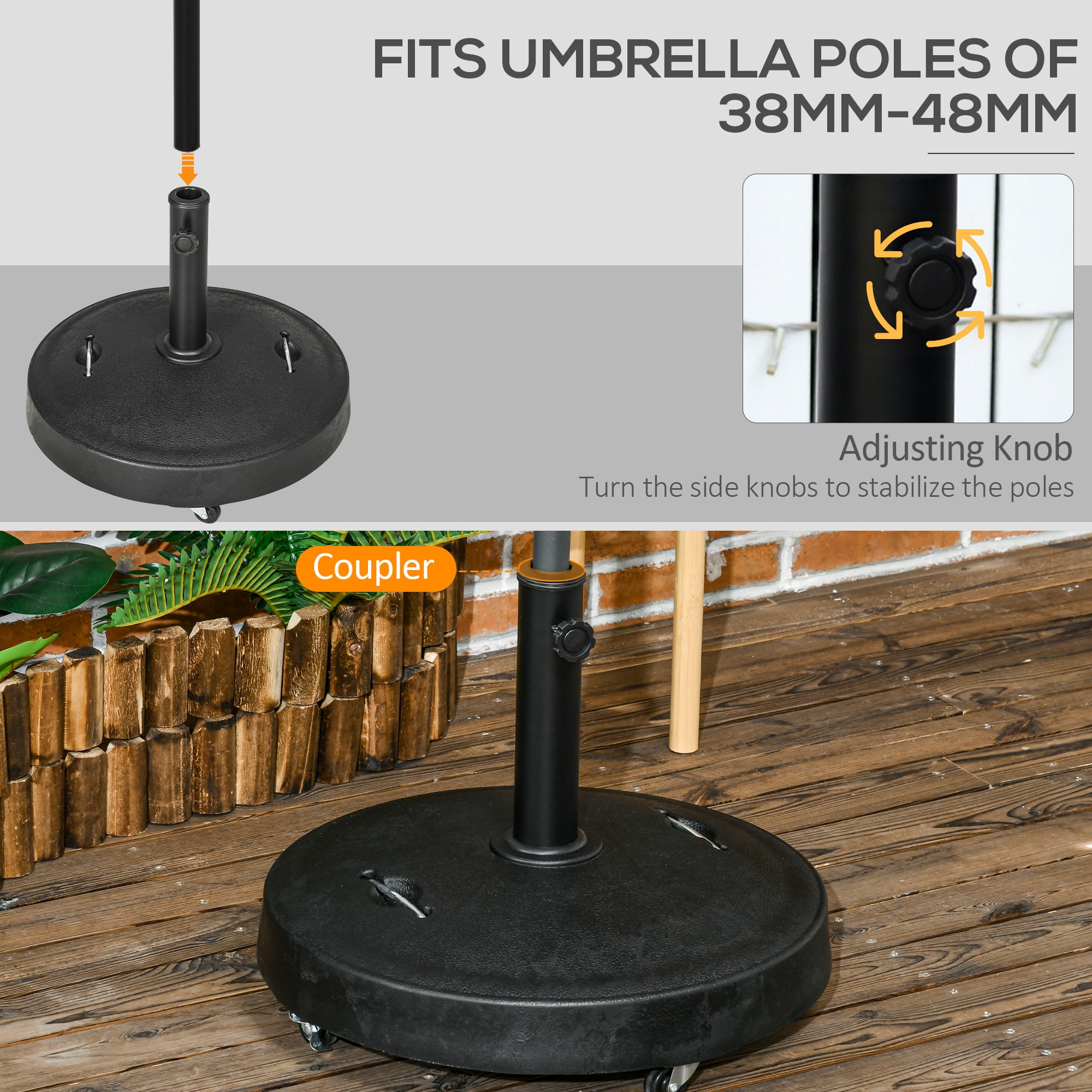 Outsunny 25kg Resin Garden Parasol Base with Wheels and Retractable Handles, Round Outdoor Market Umbrella Stand Weight for Poles of Φ38mm to Φ48mm, Black
