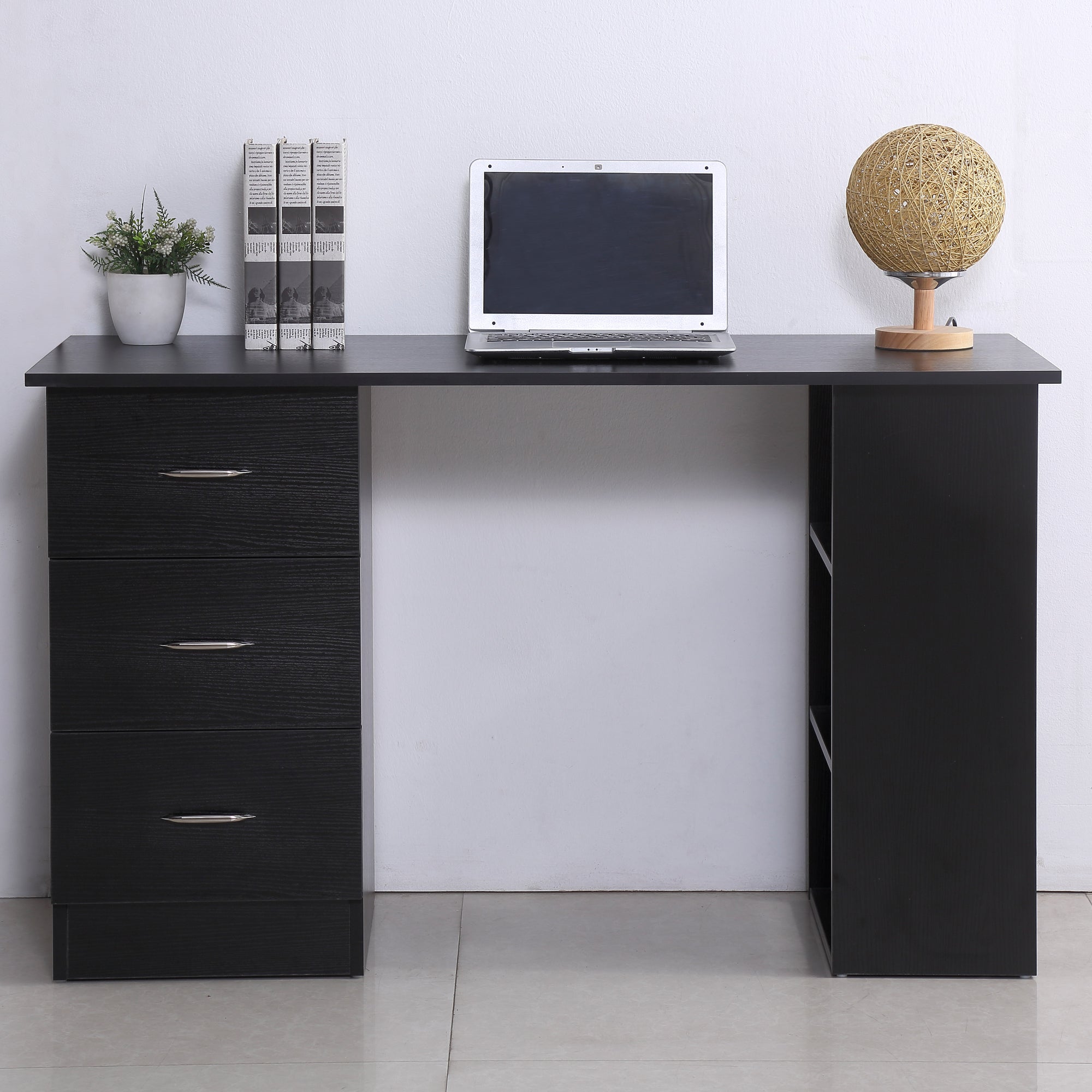 HOMCOM Computer Desk, Writing Table, PC Workstation with 3 Storage Shelves and Drawers, Silver Handle, for Home Office, Black - North Peak Garden Furniture