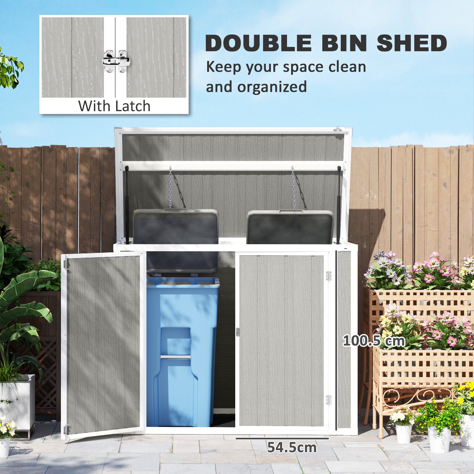 Outsunny 4.7 x 2.5FT Garden Shed, Lockable Outdoor Storage Shed with Openable Lid, Small Shed for 2 Trash Cans, Tools, Patio, Light Grey - North Peak Garden Furniture