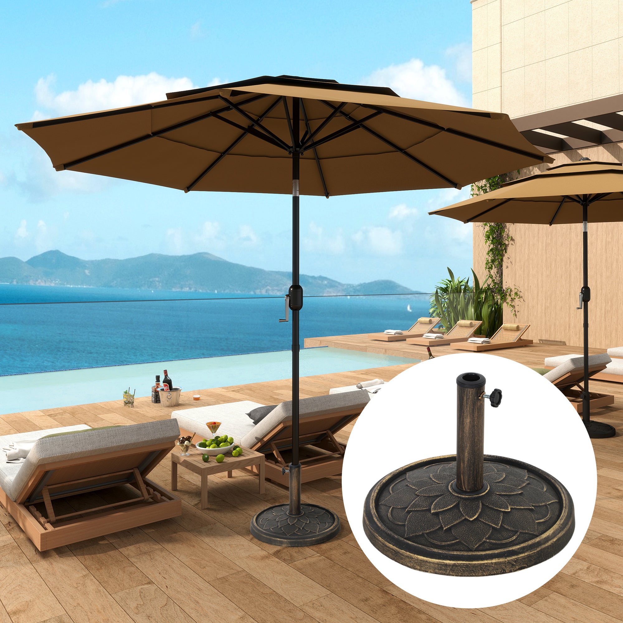 Outsunny 12kg Resin Garden Parasol Base, Round Umbrella Base, Heavy Duty Sun Umbrella Base for 32, 38, 48 mm Umbrella Poles for Deck Poolside, Bronze Tone - North Peak Garden Furniture