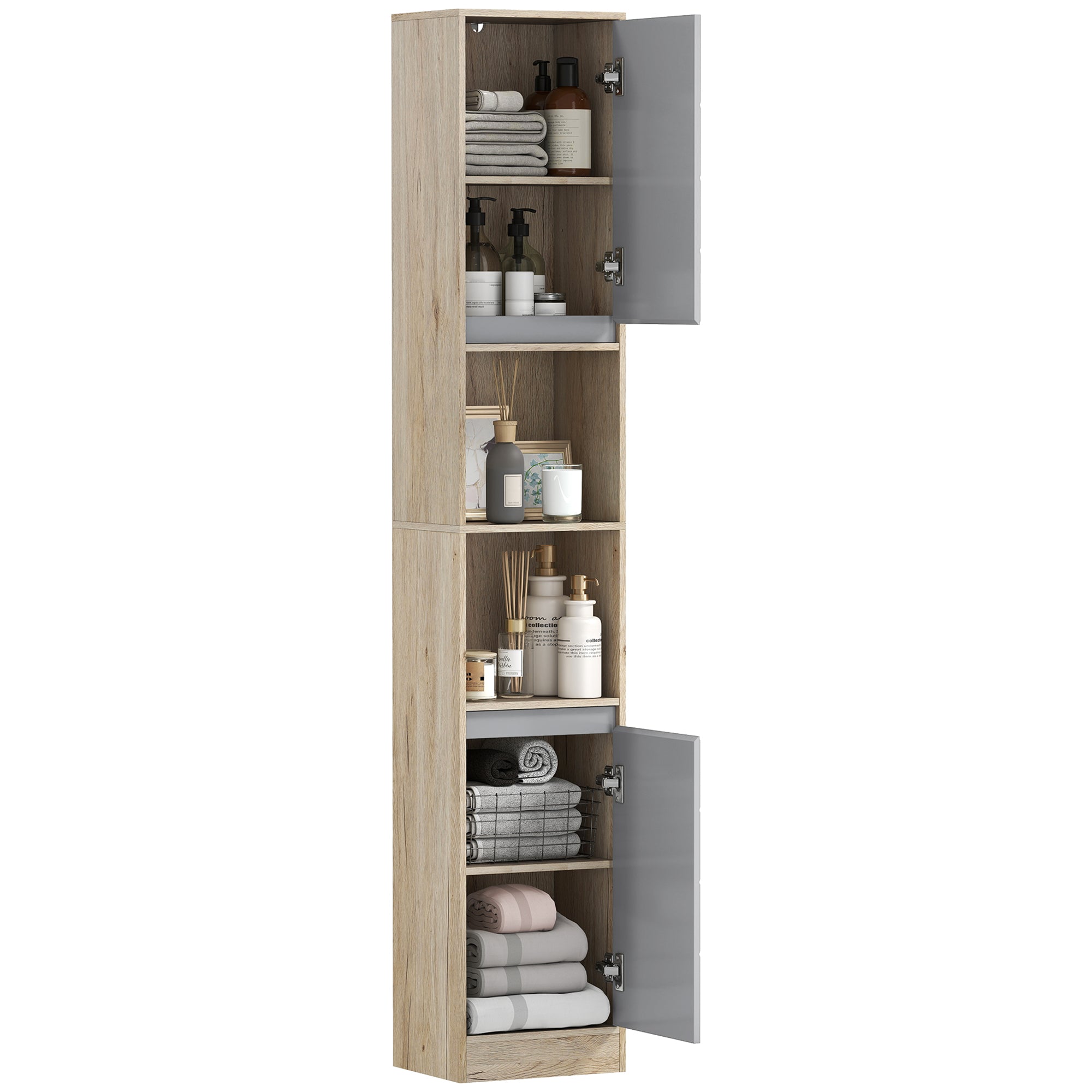 HOMCOM Freestanding Bathroom Storage Cabinet w/ 2 Cupboards 2 Compartments Home Organisation Anti-Tipping Elevated Base 30L x 24W x 170H cm Grey&Brown