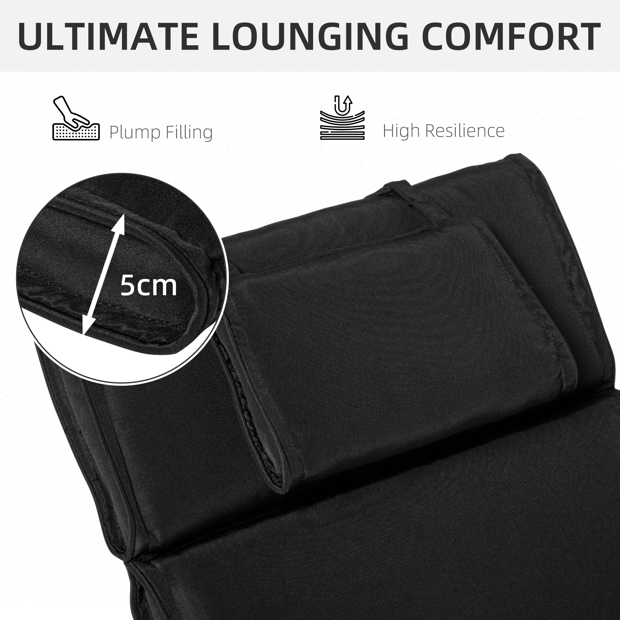 Outsunny Garden Sun Lounger Cushion Replacement Thick Sunbed Reclining Chair Relaxer Pad with Pillow - Black