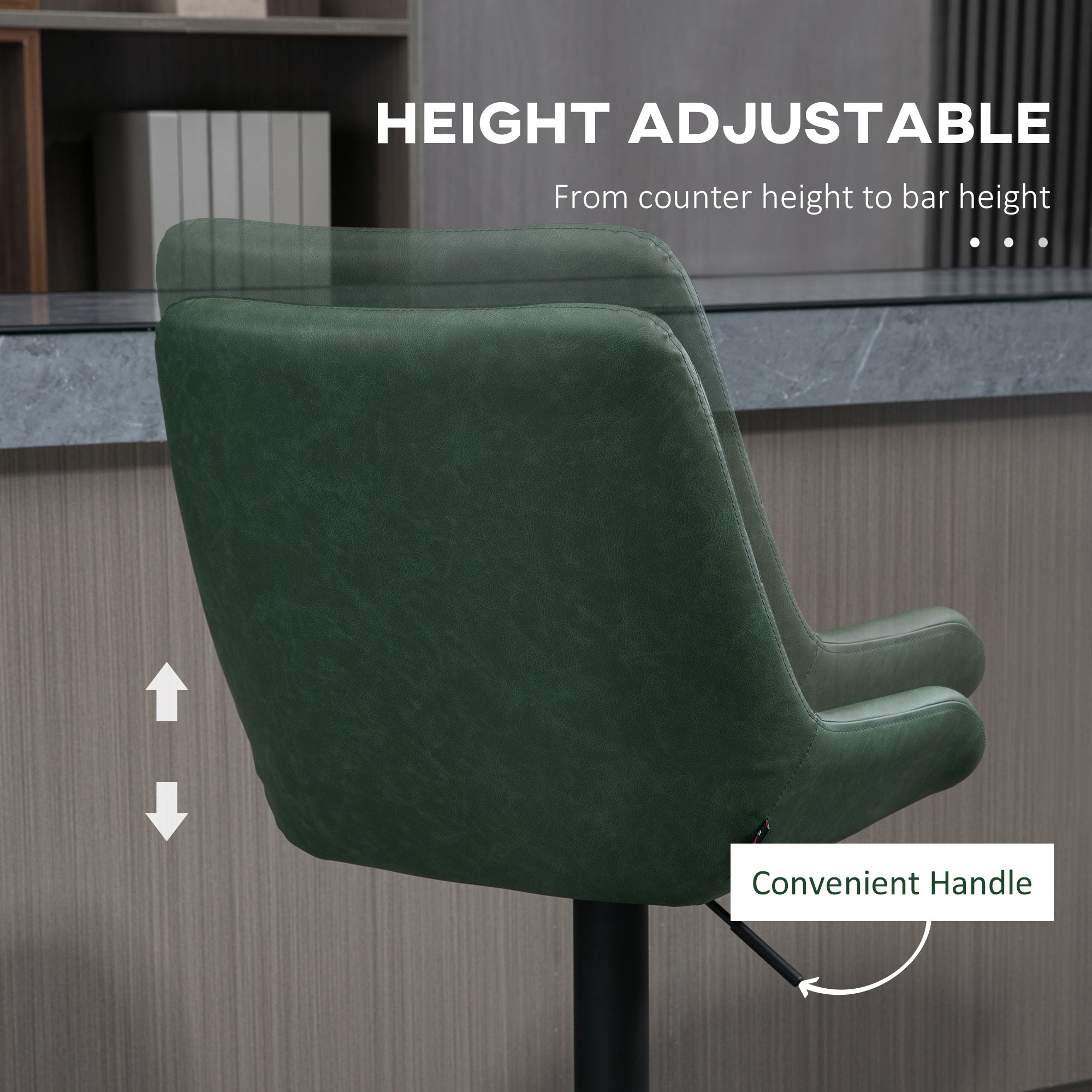 HOMCOM Retro Bar Stools Set of 2, Adjustable Kitchen Stool, Upholstered Bar Chairs with Back, Swivel Seat, Green - North Peak Garden Furniture