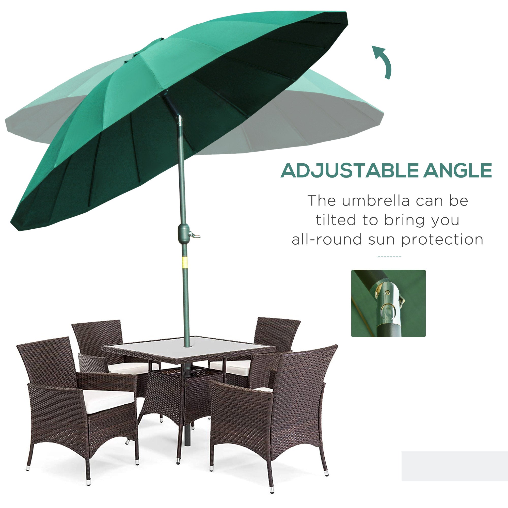 Outsunny 2.5m Shanghai Garden Parasol Umbrella with Crank & Tilt, Adjustable Outdoor Sun Shade, Green - North Peak Garden Furniture