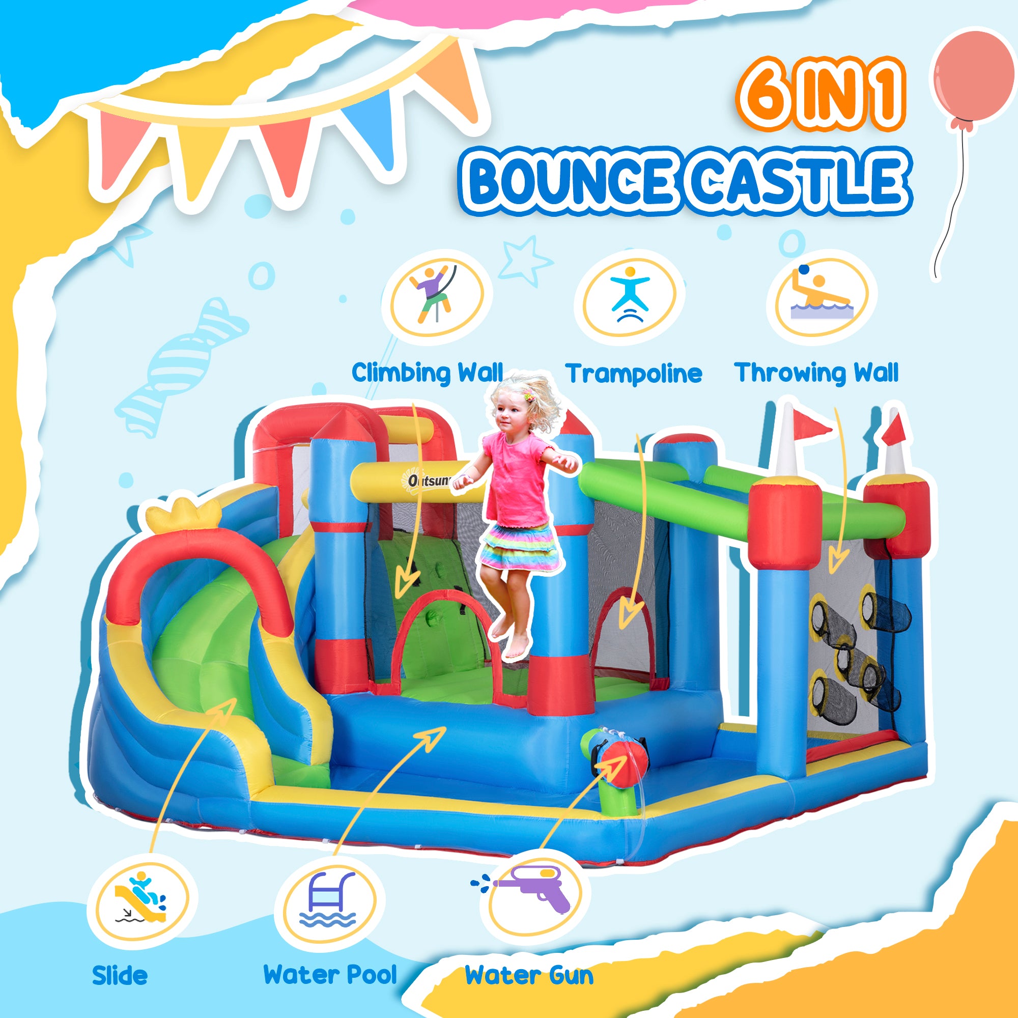 Outsunny Kids Inflatable Bouncy Castle Water Slide 6 in 1 Bounce House Jumping Castle Water Gun Climbing Wall with Air Blower for Age 3-8, 3.9 x 3 x 2m - North Peak Garden Furniture