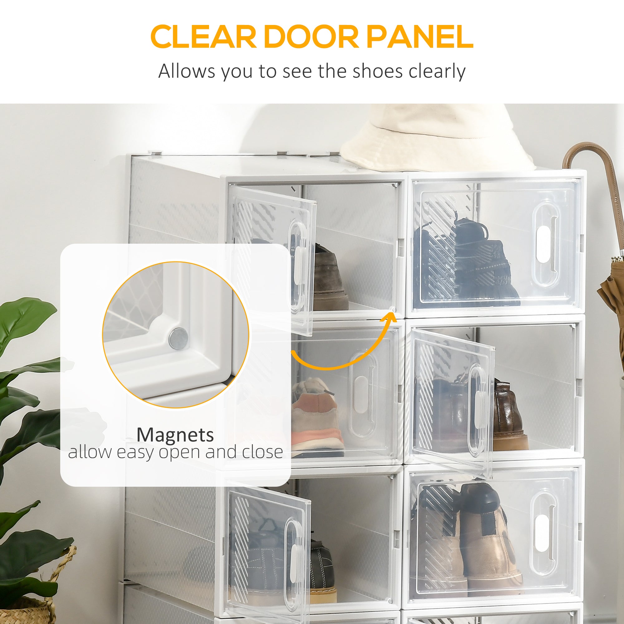 HOMCOM 8PCS Clear Shoe Box, Plastic Stackable Shoe Storage Box for UK/EU Size up to 12/46 with Magnetic Door for Women/Men, 28 x 36 x 21 cm - North Peak Garden Furniture