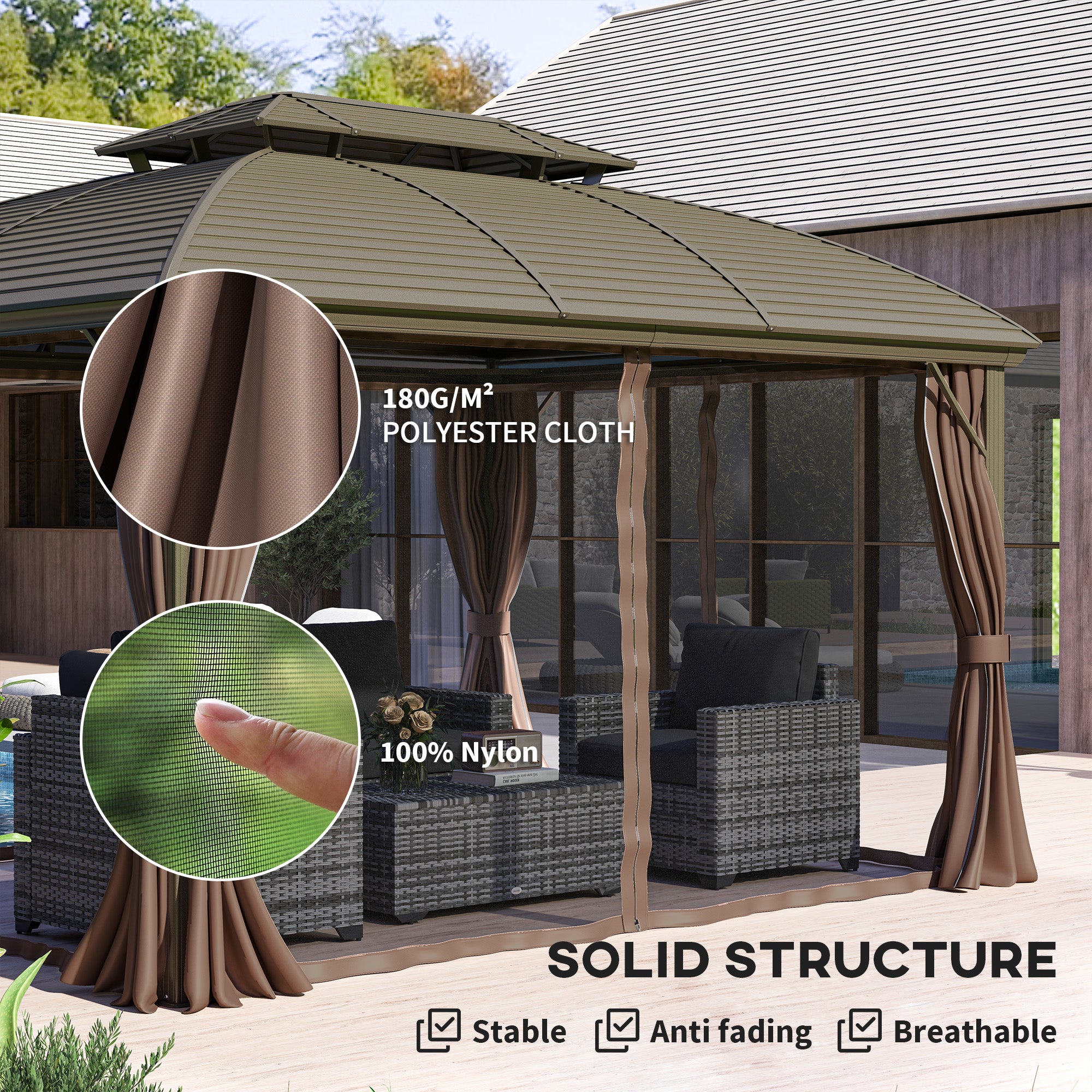 Outsunny 3.65 x 3(m) Hardtop Steel Gazebo Canopy with Aluminium Frame, Double Roof, Net Sidewalls and Curtains, Coffee - North Peak Garden Furniture