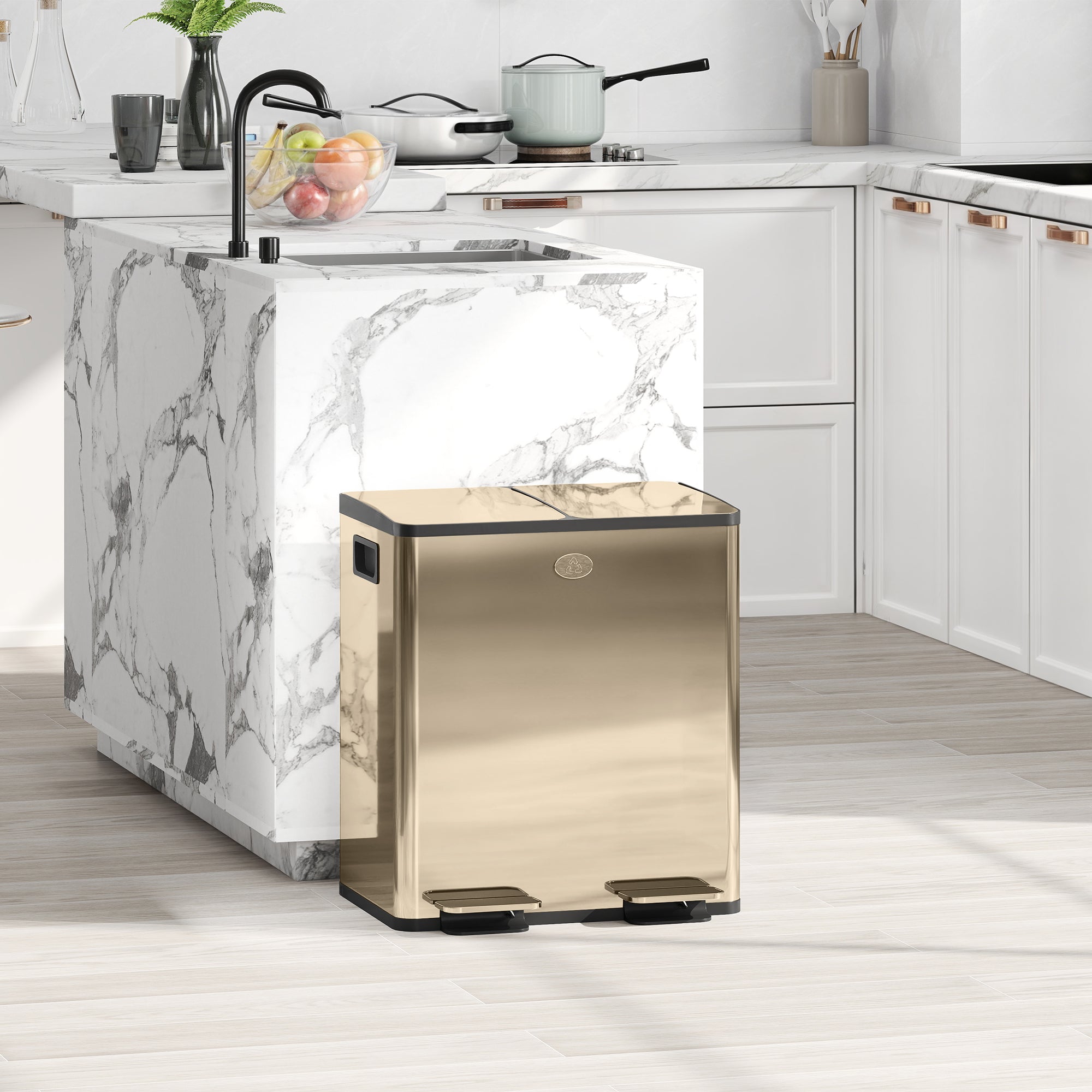 HOMCOM 40L Dual Compartment Stainless Steel Bin, with Deodoriser Holders - Gold Tone - North Peak Garden Furniture