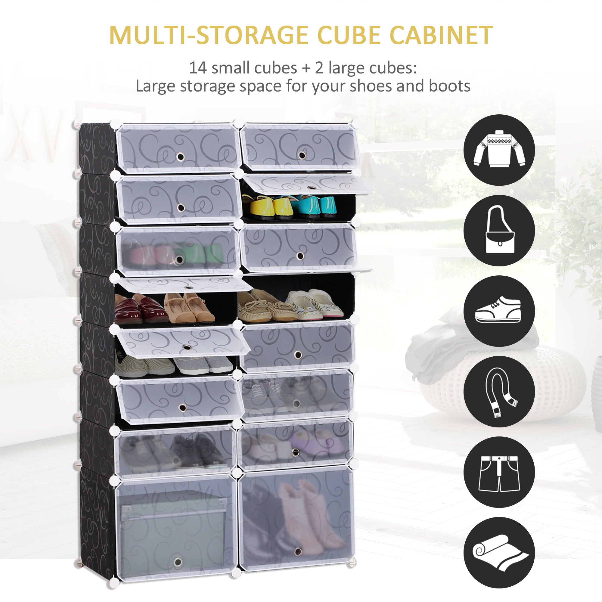 HOMCOM 16 Cube Shoe Rack, 2 x 8 Tier Shoe Storage Cabinet, Modular Plastic Shelves for Bedroom, Living Room and Entryway, Space Saving Footwear Organizer, 32 Pairs, White and Black - North Peak Garden Furniture