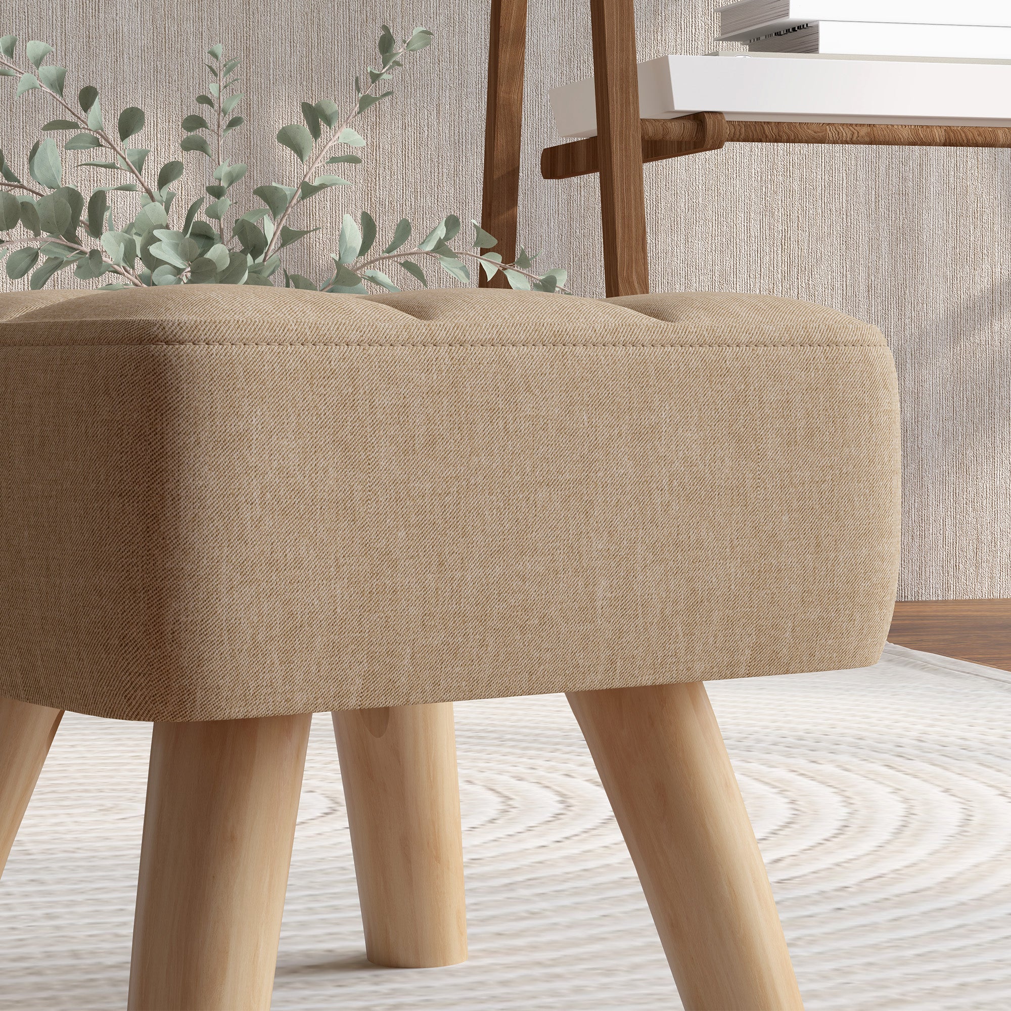 HOMCOM Modern Tufted Footstool, Fabric Foot Stool with Rubber Wood Legs, Padded Seat, for Living Room, Bedroom, Entryway, Light Brown - North Peak Garden Furniture