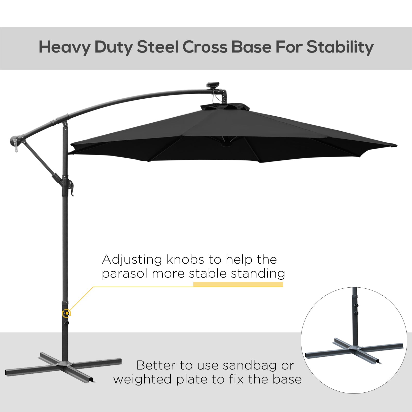 Outsunny 3m LED Patio Banana Umbrella Cantilever Parasol w/ Crank Cross Base Hanging Offset Umbrella Frame Steel  Aluminium Garden Table Outdoor Black