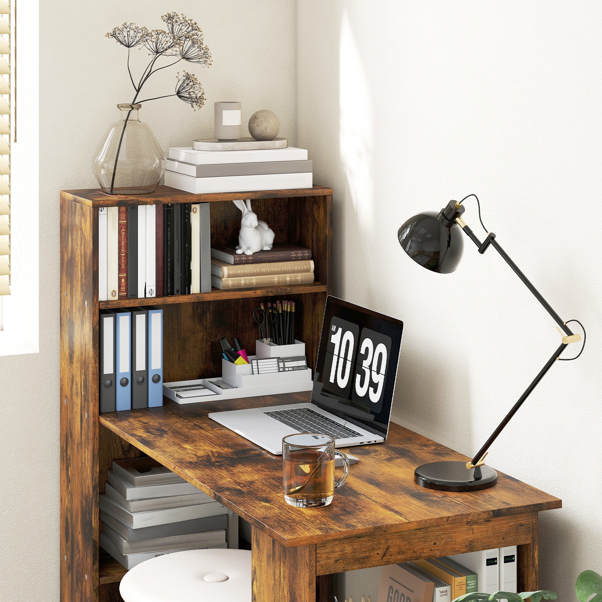 HOMCOM 120cm Computer Desk, Wooden PC Laptop Table with 6-Tier Storage Bookshelves, Home Office Working Study Desk, Writing Workstation, Rustic Brown Wood-Effect