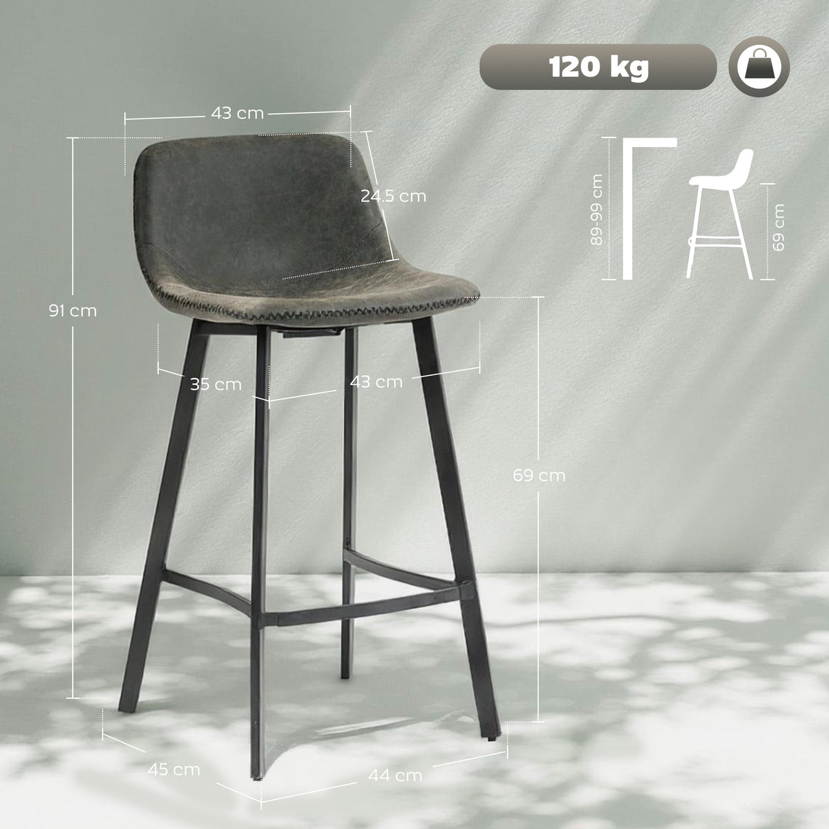 HOMCOM Bar Stools Set of 2, PU Leather Dining Stools with Backrest, Footrest, for Kitchen, Counter, Breakfast Bar, Grey