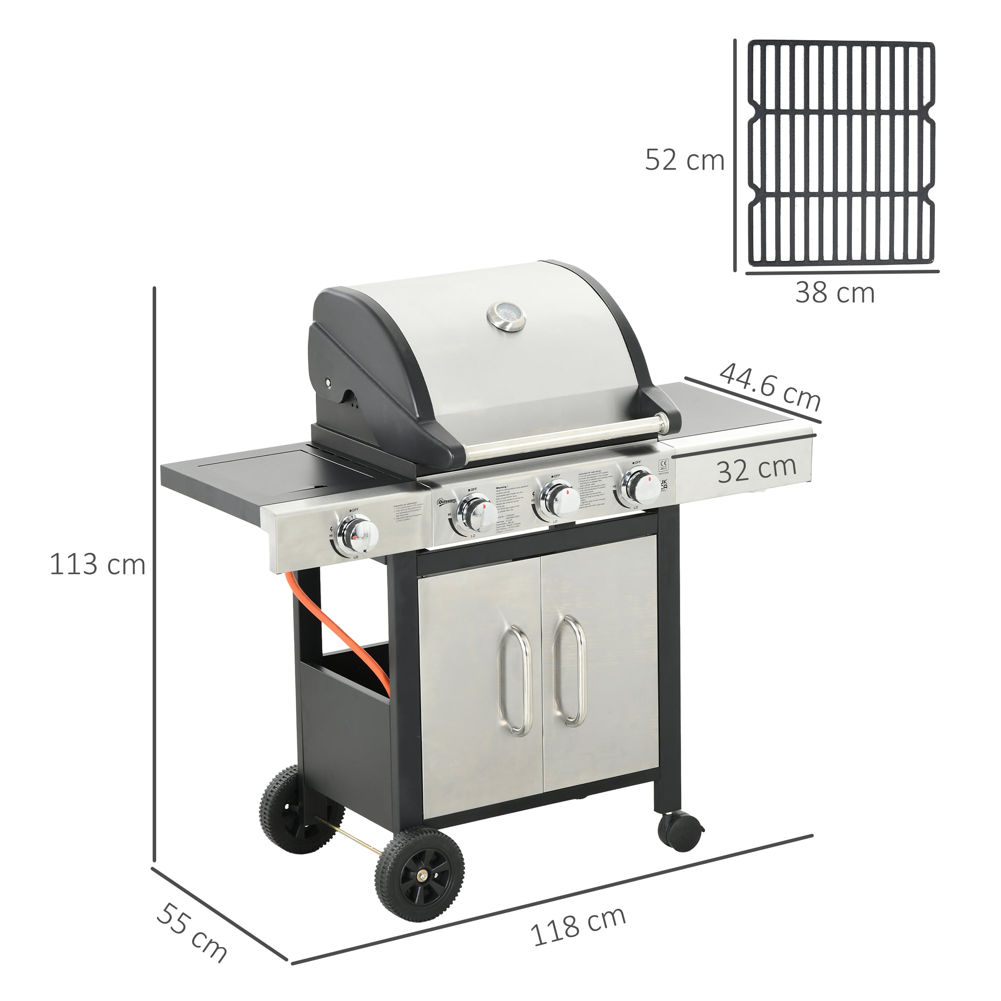 Outsunny Gas Barbecue Grill 3+1 Burner Garden Smoker BBQ Trolley w/ Side Burner Warming Rack Side Shelves Storage Cabinet Piezo Ignition Thermometer Stainless Steel + Metal - North Peak Garden Furniture