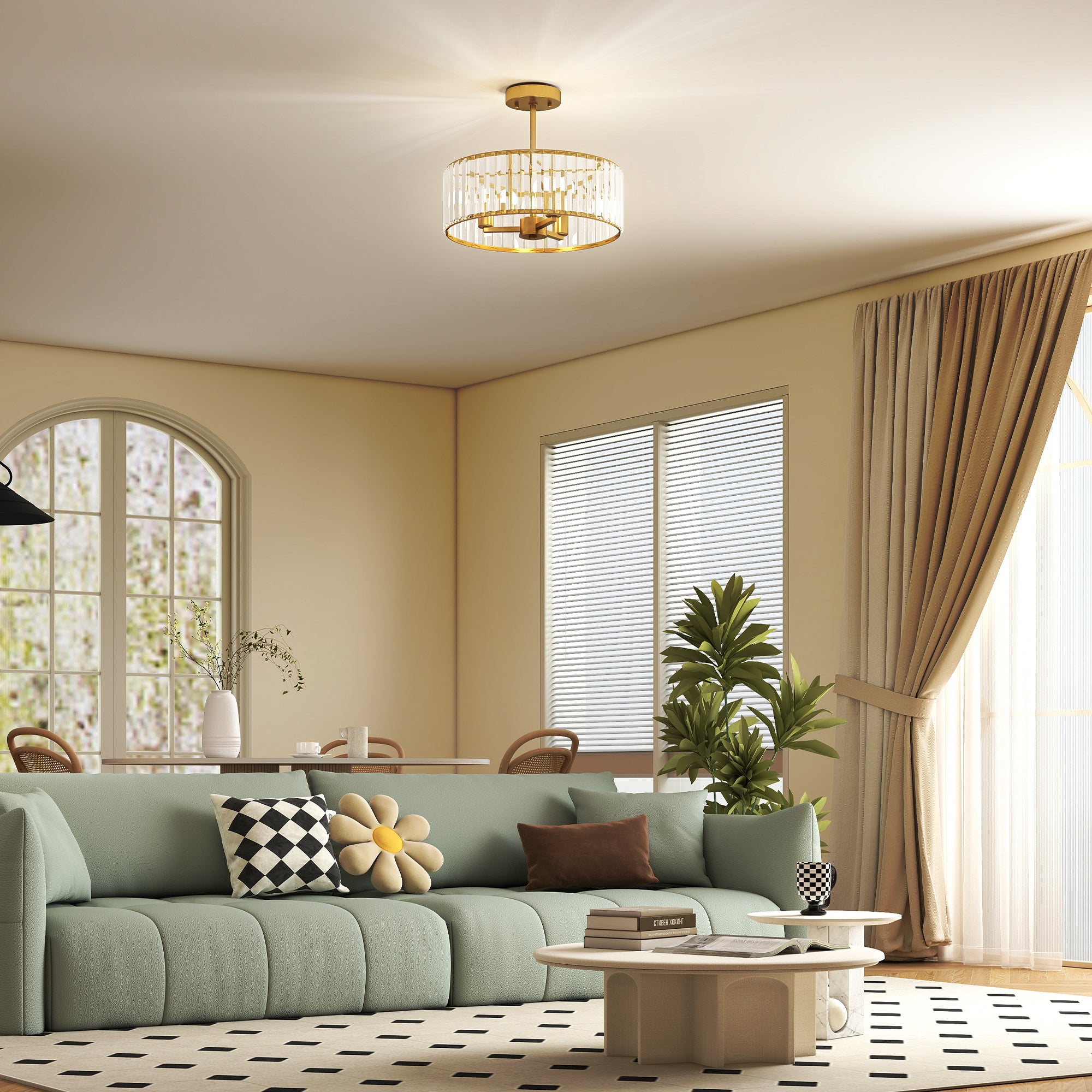 HOMCOM Crystal Ceiling Light Fixture, Semi Flush Mount Modern Crystal Chandelier Ceiling Light for Living Room, Bedroom, Hallway,  Dining Room, E14 Base 3-Lights, Gold Tone