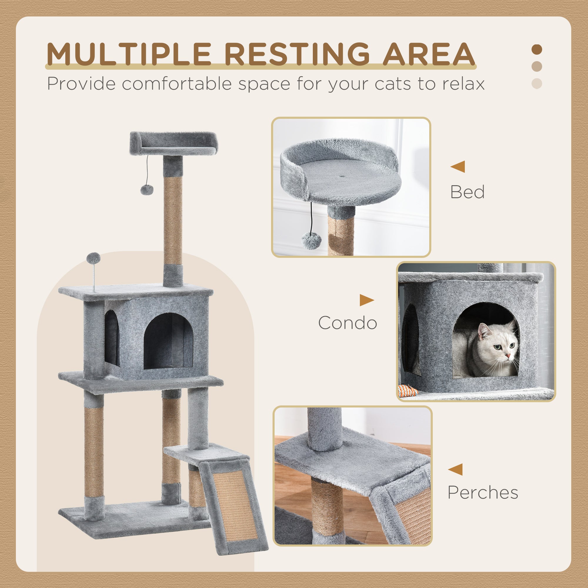PawHut Cat Tree Tower for Indoor Cats 142cm Climbing Kitten Activity Center with Jute Scratching Post Board Perch Roomy Condo Removable Felt Hanging Toy, Grey - North Peak Garden Furniture