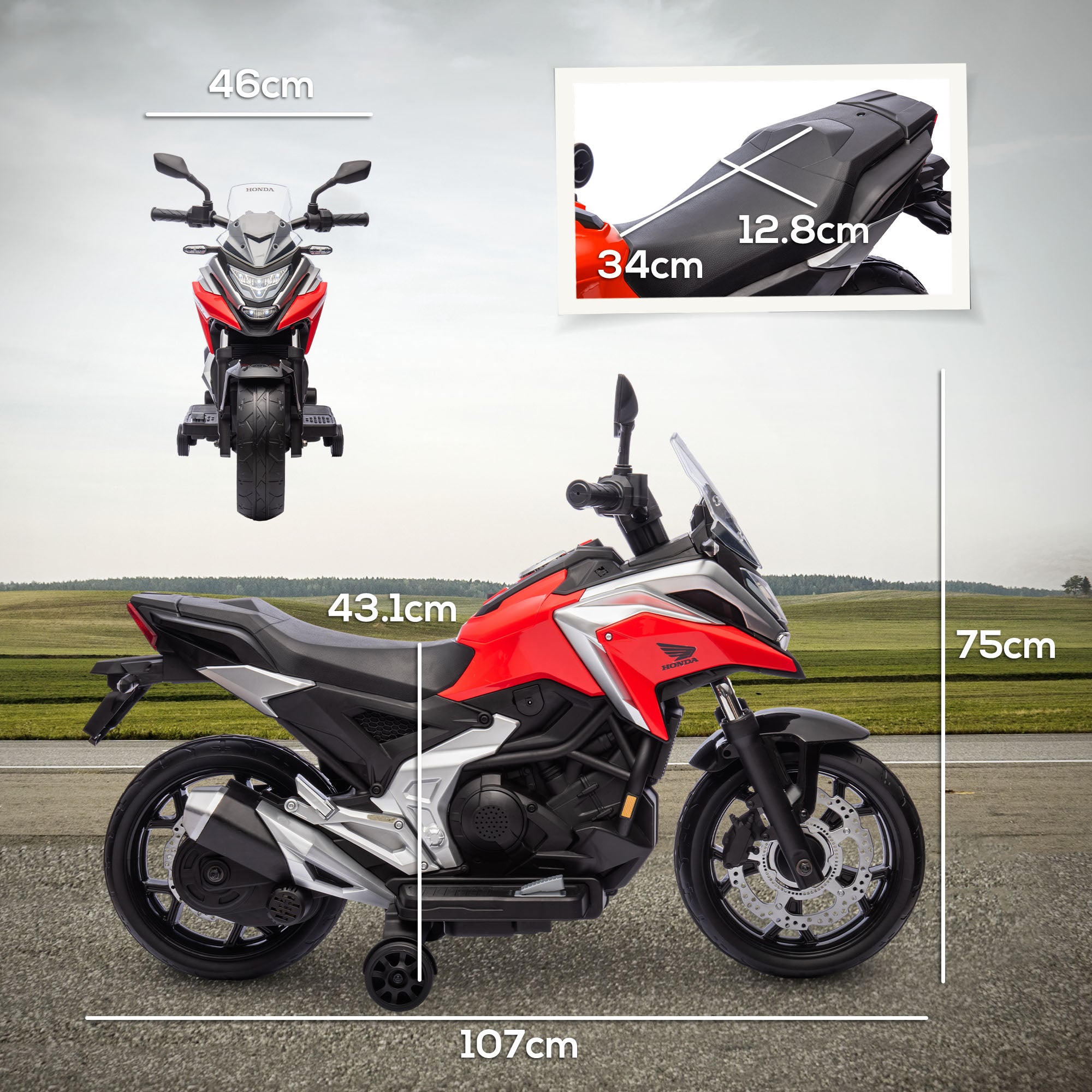 AIYAPLAY 12V Honda Licensed Kids Electric Motorbike w/ Music, Headlights, Early Education Function, for Ages 3-6 Years, Red - North Peak Garden Furniture
