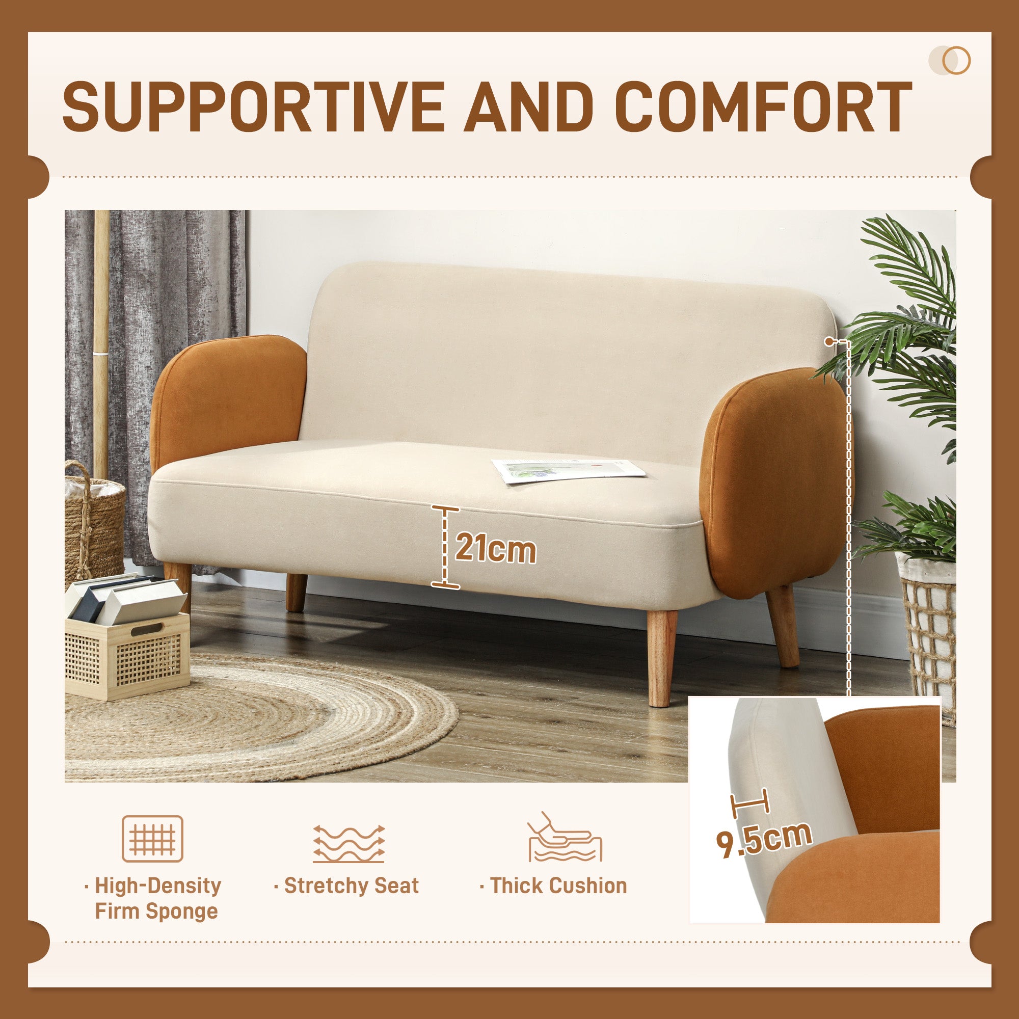 HOMCOM Two-Seater Velvet-Feel Mid Century Sofa - Cream/Orange - North Peak Garden Furniture