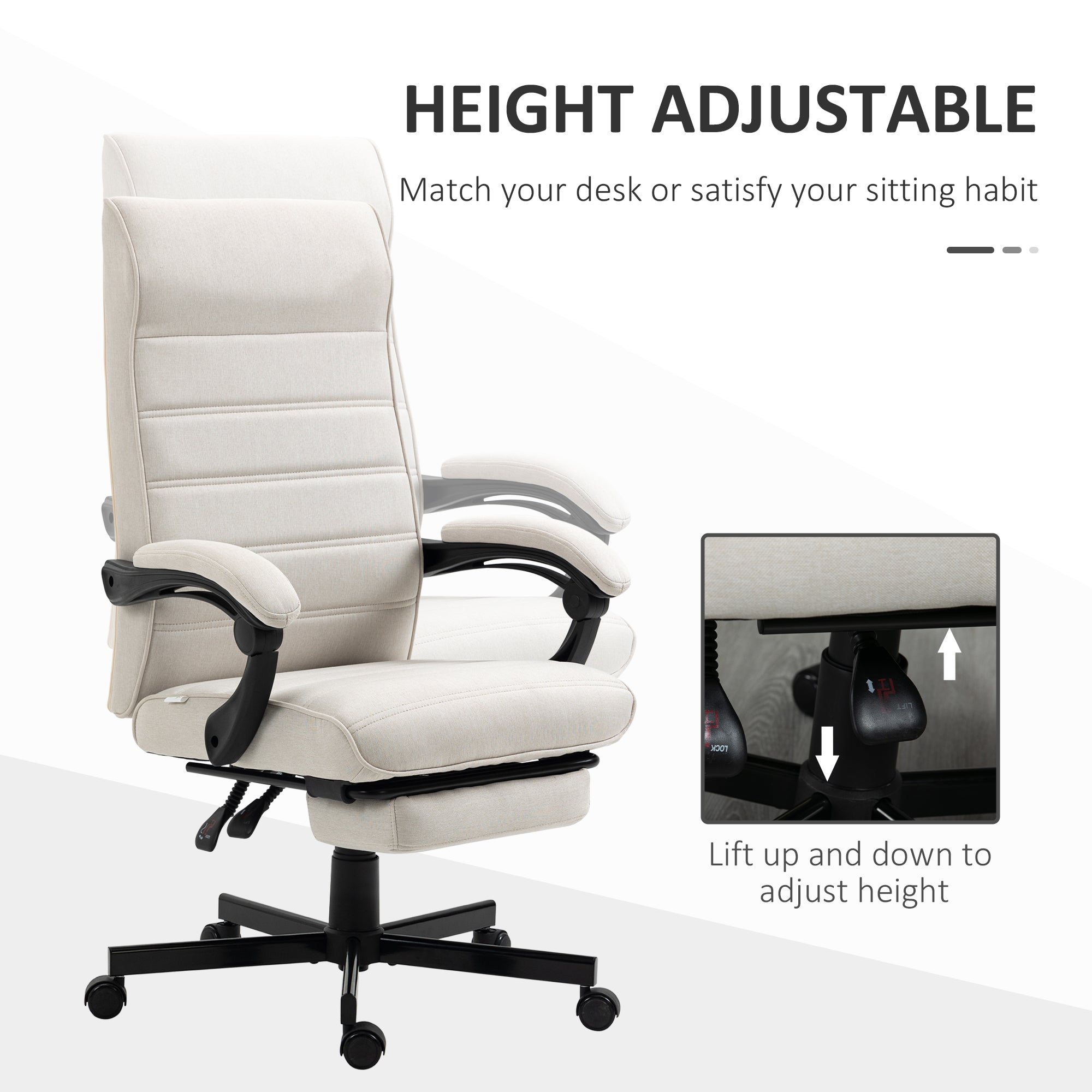 Vinsetto Office Chair, Computer Desk Chair, Fabric Swivel Chair with Adjustable Height and Rolling Wheels for Home Office Work Study, Cream White - North Peak Garden Furniture