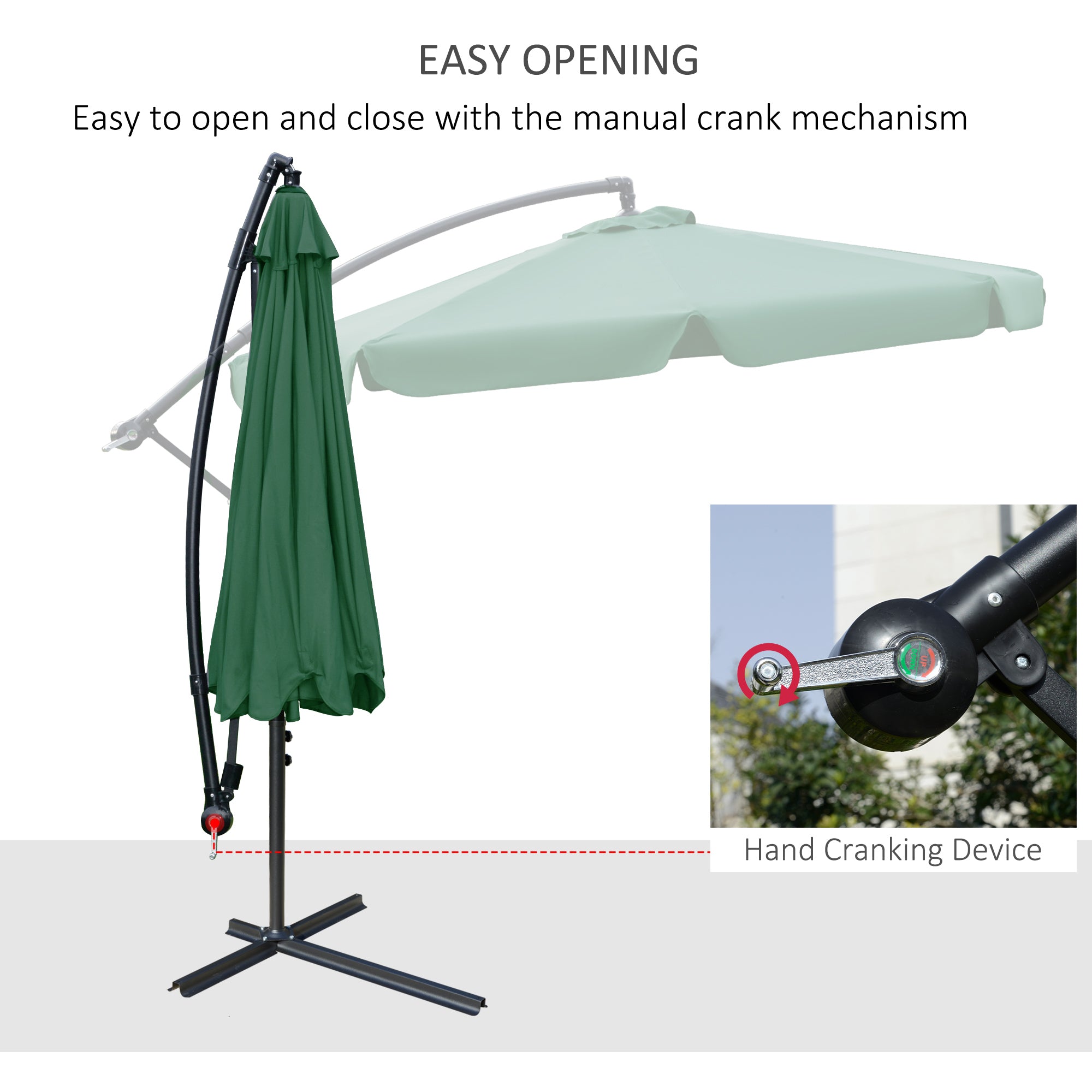 Outsunny 2.7m Garden Parasol Cantilever Umbrella with Crank Handle and Cross Base for Outdoor, Hanging Sun Shade, Green - North Peak Garden Furniture