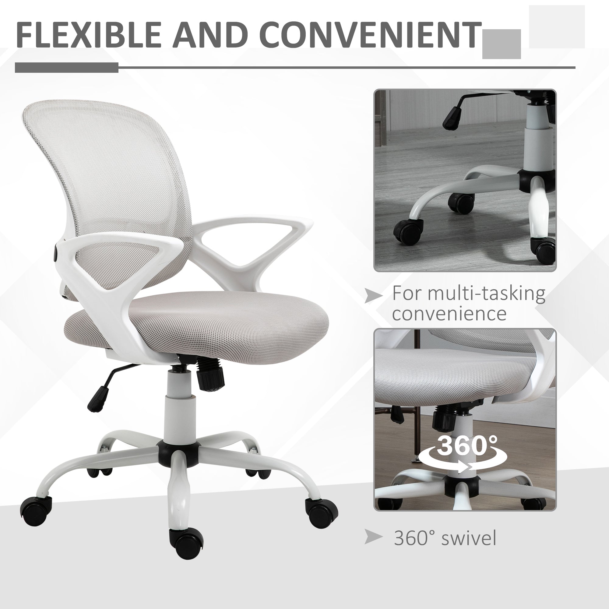Vinsetto Office Chair Mesh Swivel Desk Chair with Lumbar Back Support Adjustable Height Armrests Grey - North Peak Garden Furniture