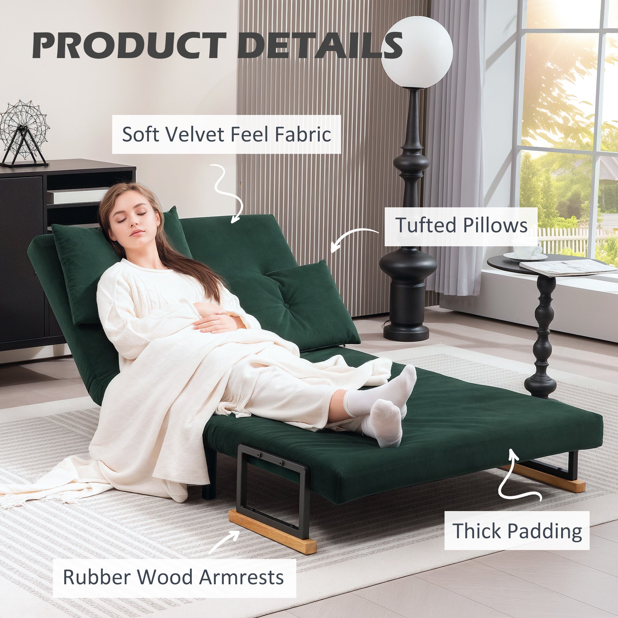HOMCOM 4-in-1 Velvet-Feel Double Sofa Bed, with Pillows - Green - North Peak Garden Furniture