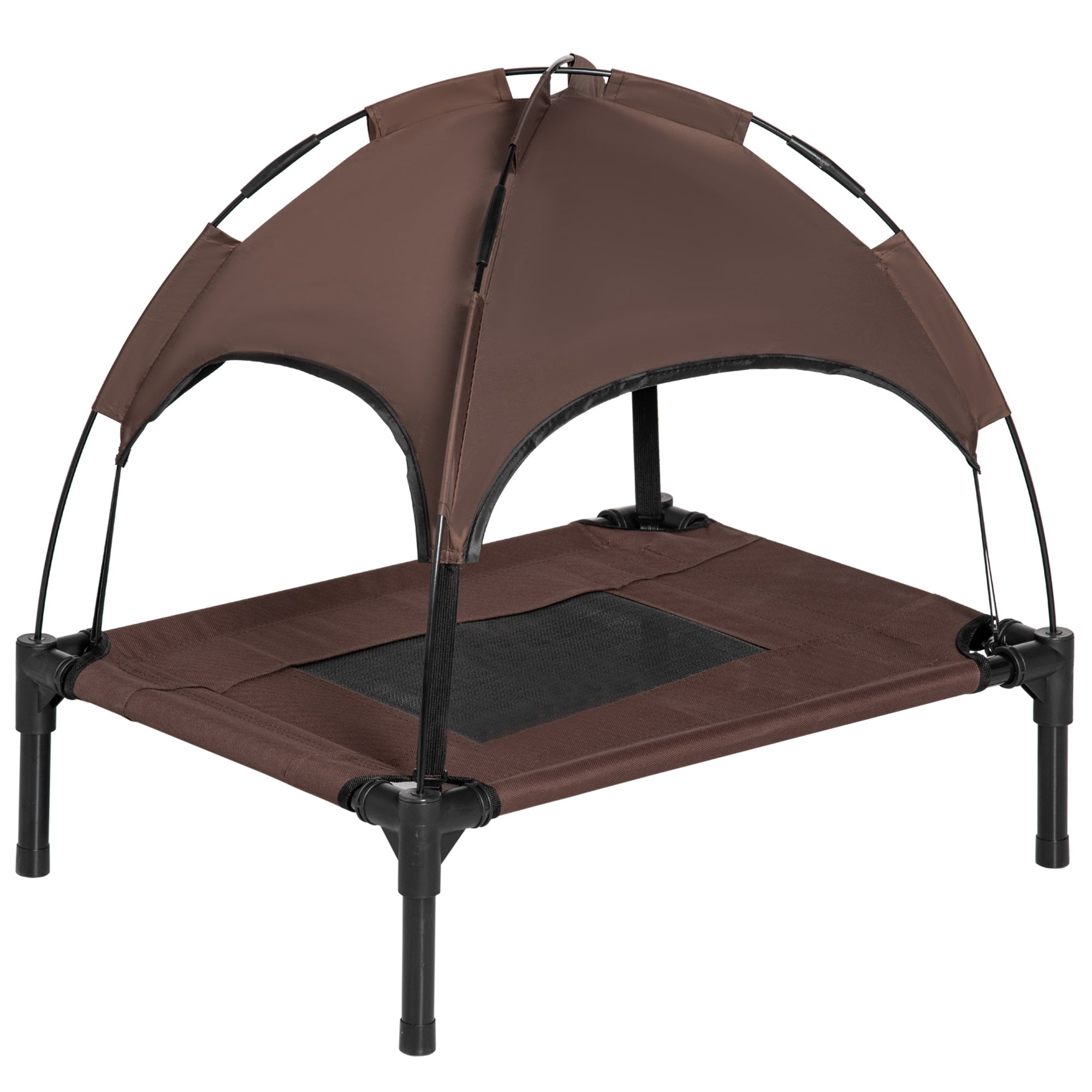 PawHut Raised Dog Bed Waterproof Elevated Pet Cot with Breathable Mesh UV Protection Canopy Coffee, for Small Dogs, 61 x 46 x 62cm - North Peak Garden Furniture