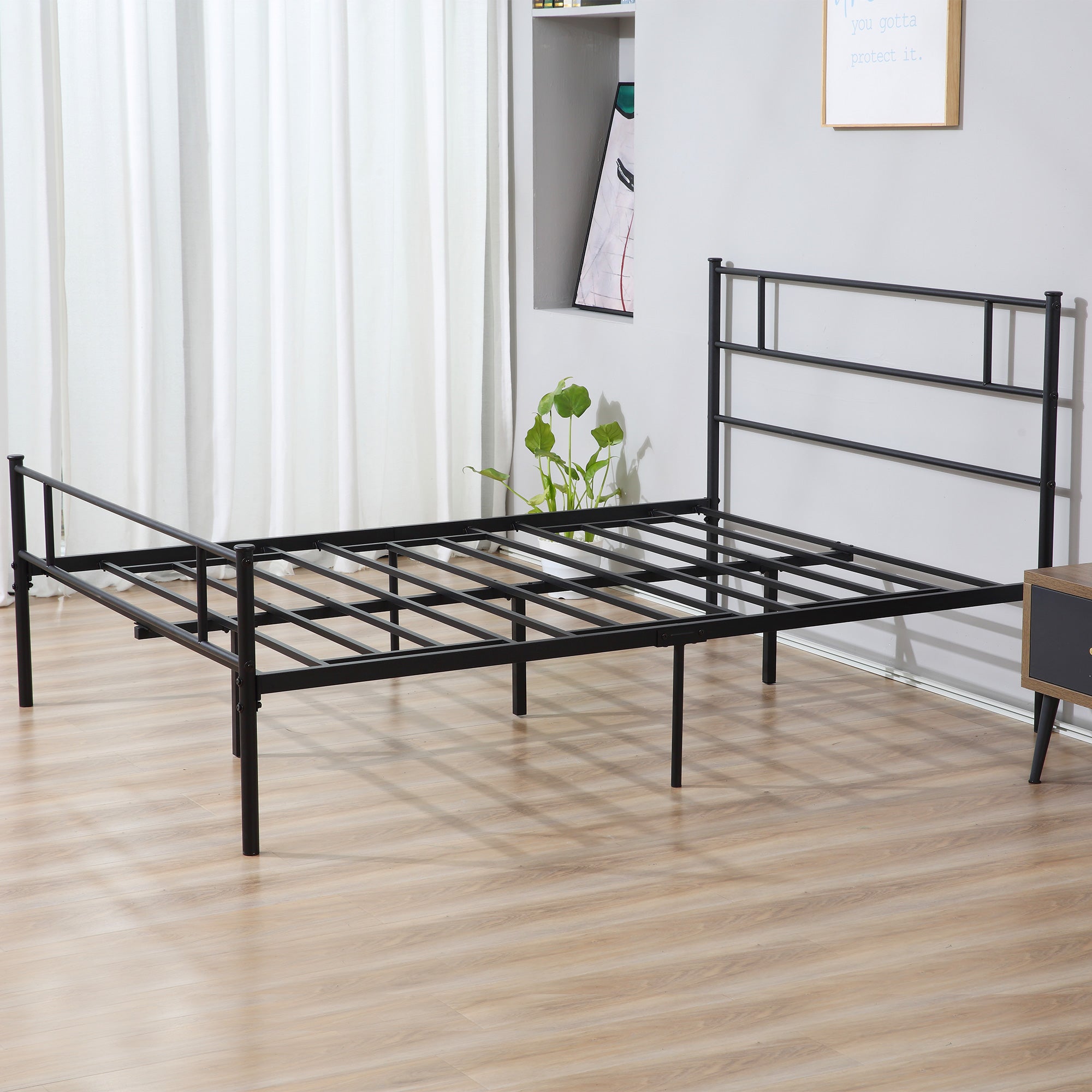 HOMCOM King Metal Bed Frame Solid Bedstead Base with Headboard and Footboard, Metal Slat Support and Underbed Storage Space, Bedroom Furniture, Black - North Peak Garden Furniture