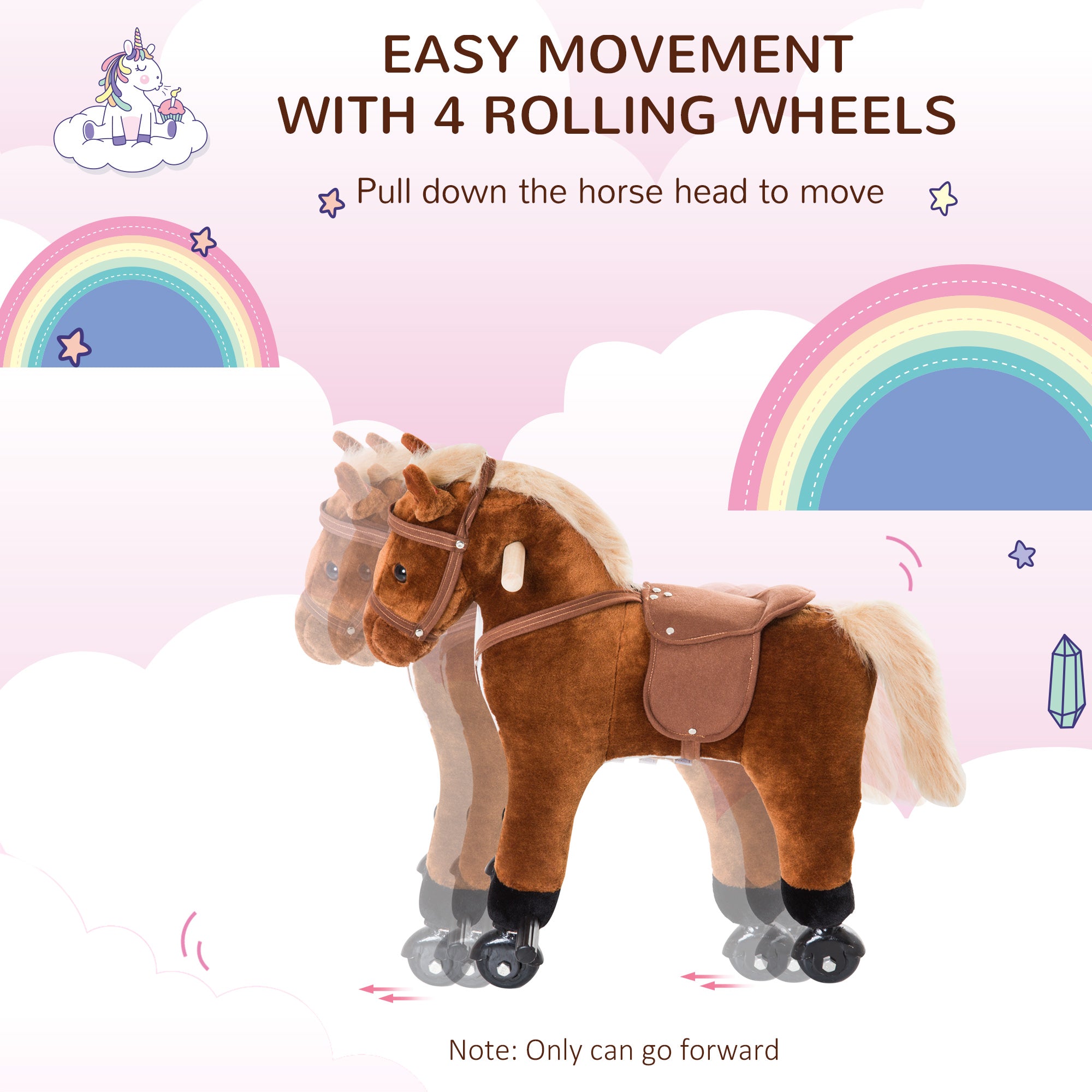 HOMCOM Rocking Horse Kids Ride on Walking Horse Animal Pony Wheeled Riding Plush Toy w/Sound for 3 Years and Up (Brown) - North Peak Garden Furniture