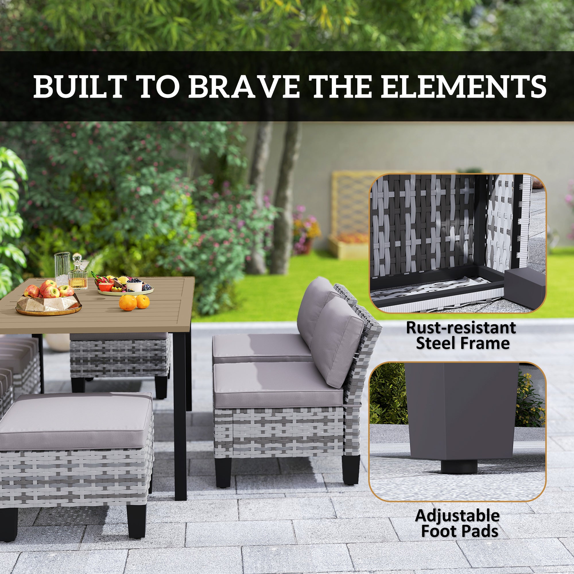 Outsunny 7-Piece Rattan Garden Dining Set, 6 Seater Wicker Garden Furniture Set with Seat and Back Cushions, Umbrella Hole, Patio Table and Chairs with Slatted Metal Top Table for Balcony, Grey