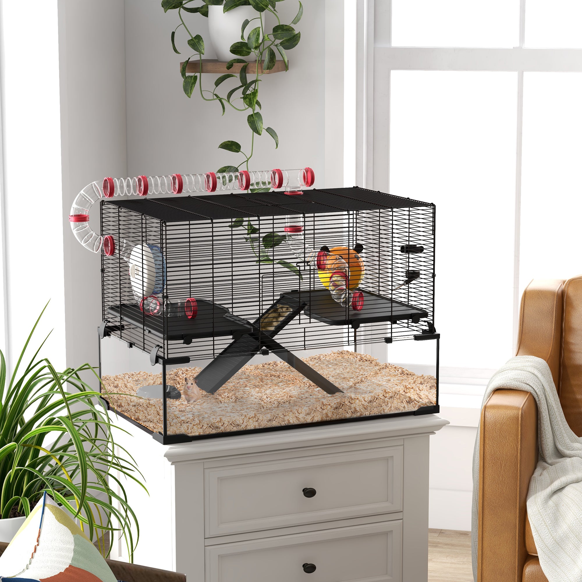 PawHut Gerbil Cage, Dwarf Hamster Cage, with Deep Glass Bottom, Tunnels, Ramps, Hut, Exercise Wheel, 78.5 x 48.5 x 57cm - North Peak Garden Furniture