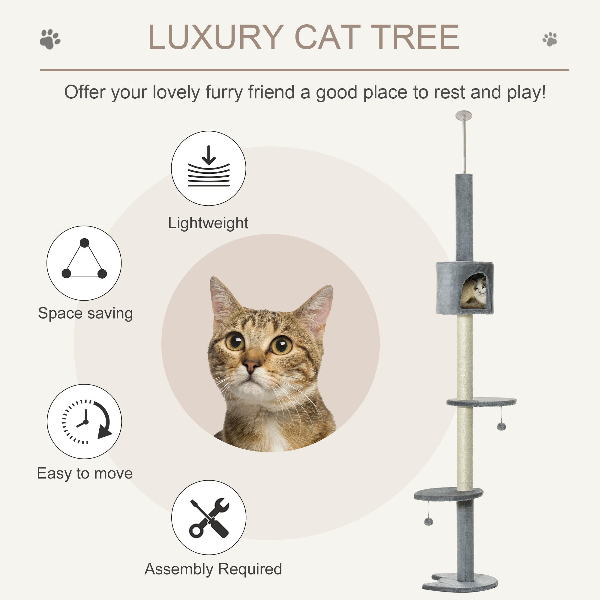 PawHut Floor to Ceiling Cat Tree for Indoor Cats, Kitten Tower, Condo, Multi-Layer Activity Center, Indoor Pet Play House with Solid Scratching Post Hanging Balls, Light Grey