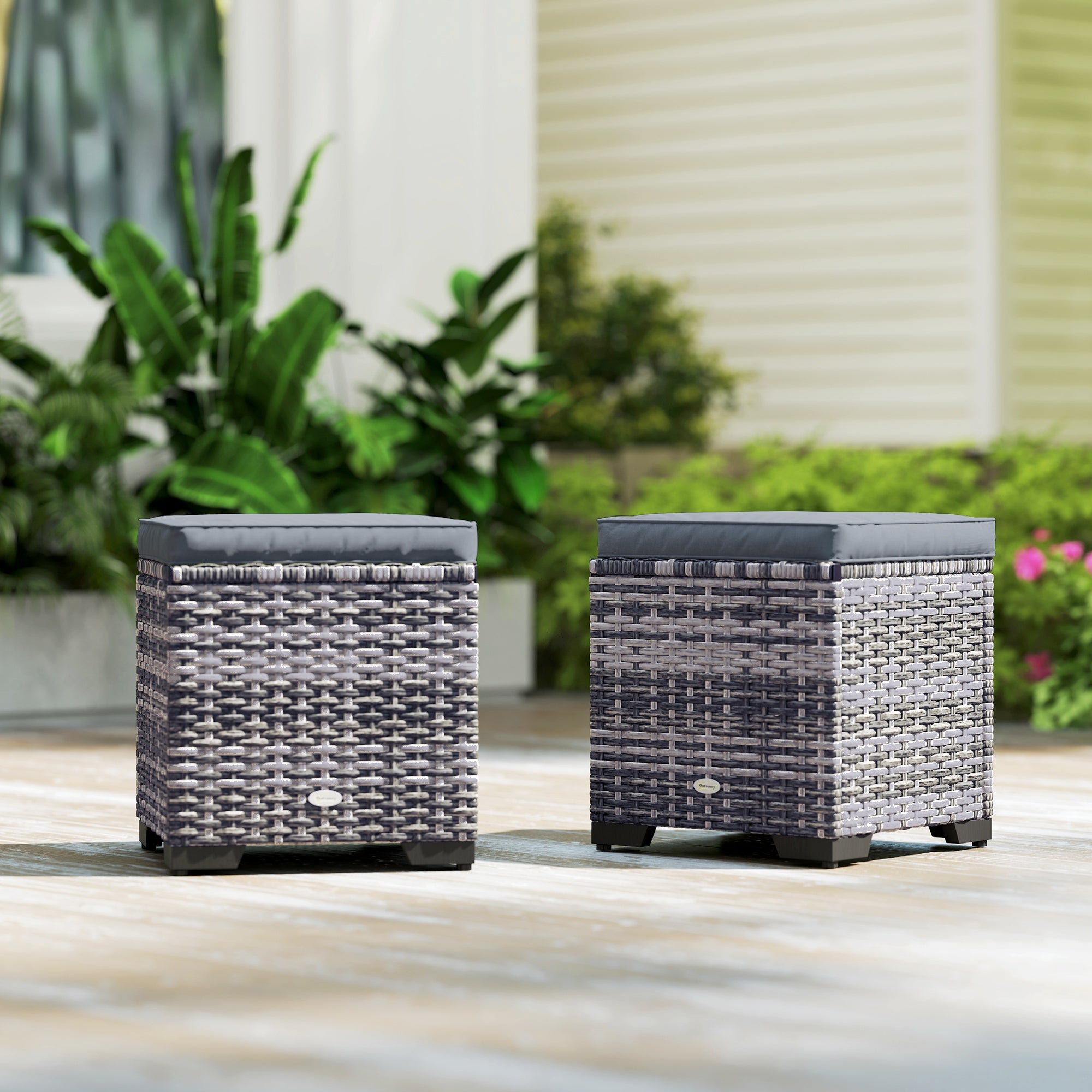 Outsunny Set of 2 Rattan Storage Ottoman, Outdoor Footstool with Removable Cushions, Garden Storage Seat for Balcony, Poolside, Living Room, Dark Grey - North Peak Garden Furniture