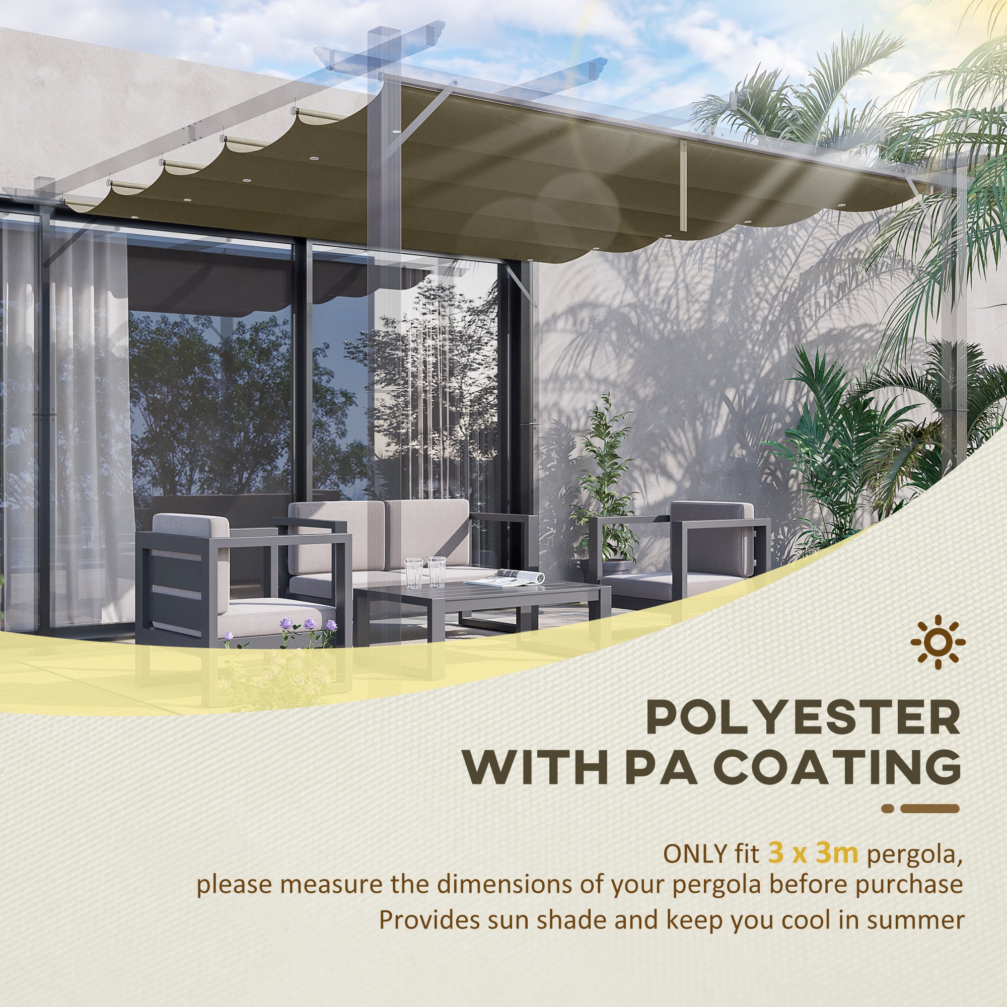 Outsunny Retractable Pergola Shade Cover, Replacement Canopy Fabric for 3 x 3 (m) Pergola, Gazebo Retractable Roof, Tan - North Peak Garden Furniture