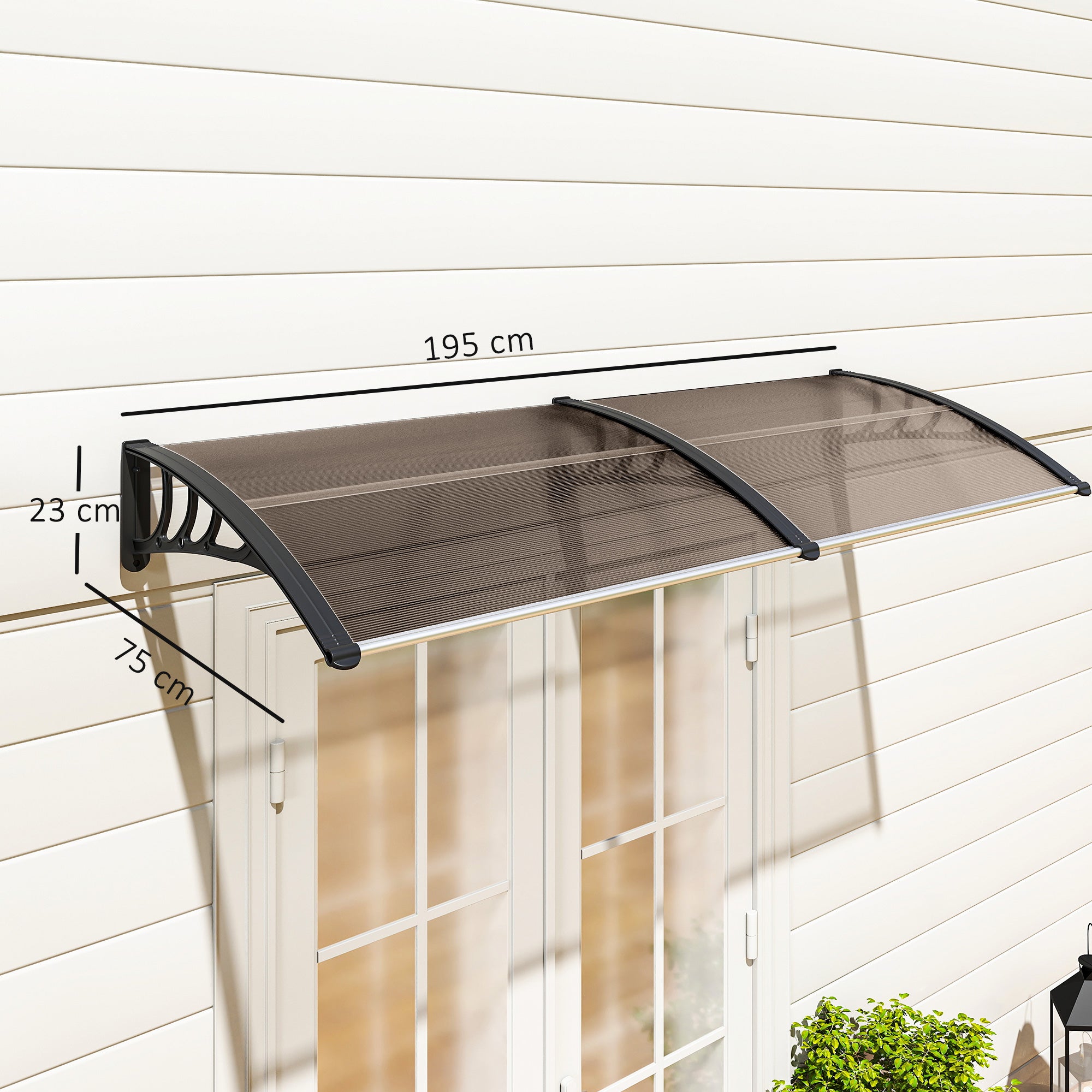 Outsunny 75 x 195 cm Curved Door Window Awning Canopy, Polycarbonate Cover Front Door Outdoor Patio, UV Rain Snow Protection Shelter, Brown