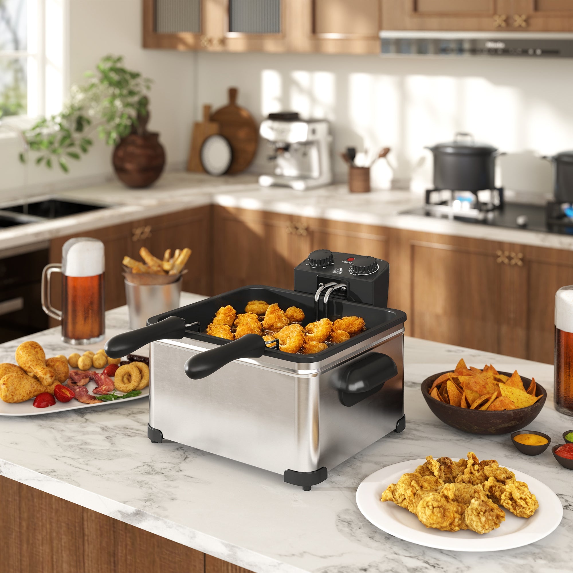 HOMCOM 5 Litre Deep Fat Fryer with Adjustable Temperature & Timer, 2000W Stainless Steel Deep Fryer with Removable Oil Basket and Viewing Window, for Chips Fried Chicken - North Peak Garden Furniture