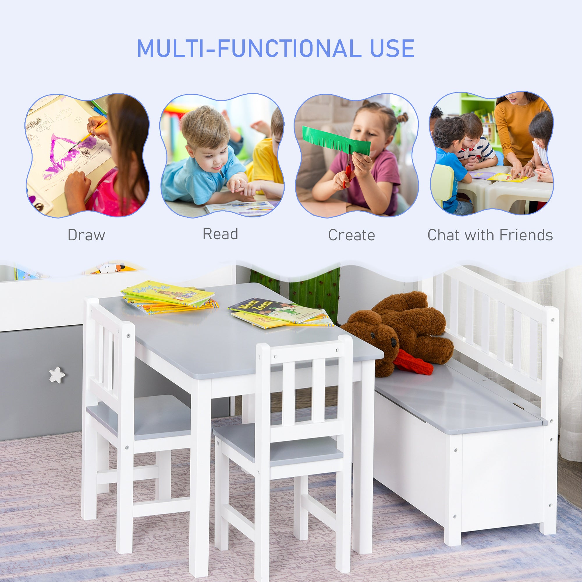 HOMCOM 4-Piece Kids Table and Chair Set with 2 Wooden Chairs, 1 Storage Bench, and Interesting Modern Design, Grey/White - North Peak Garden Furniture